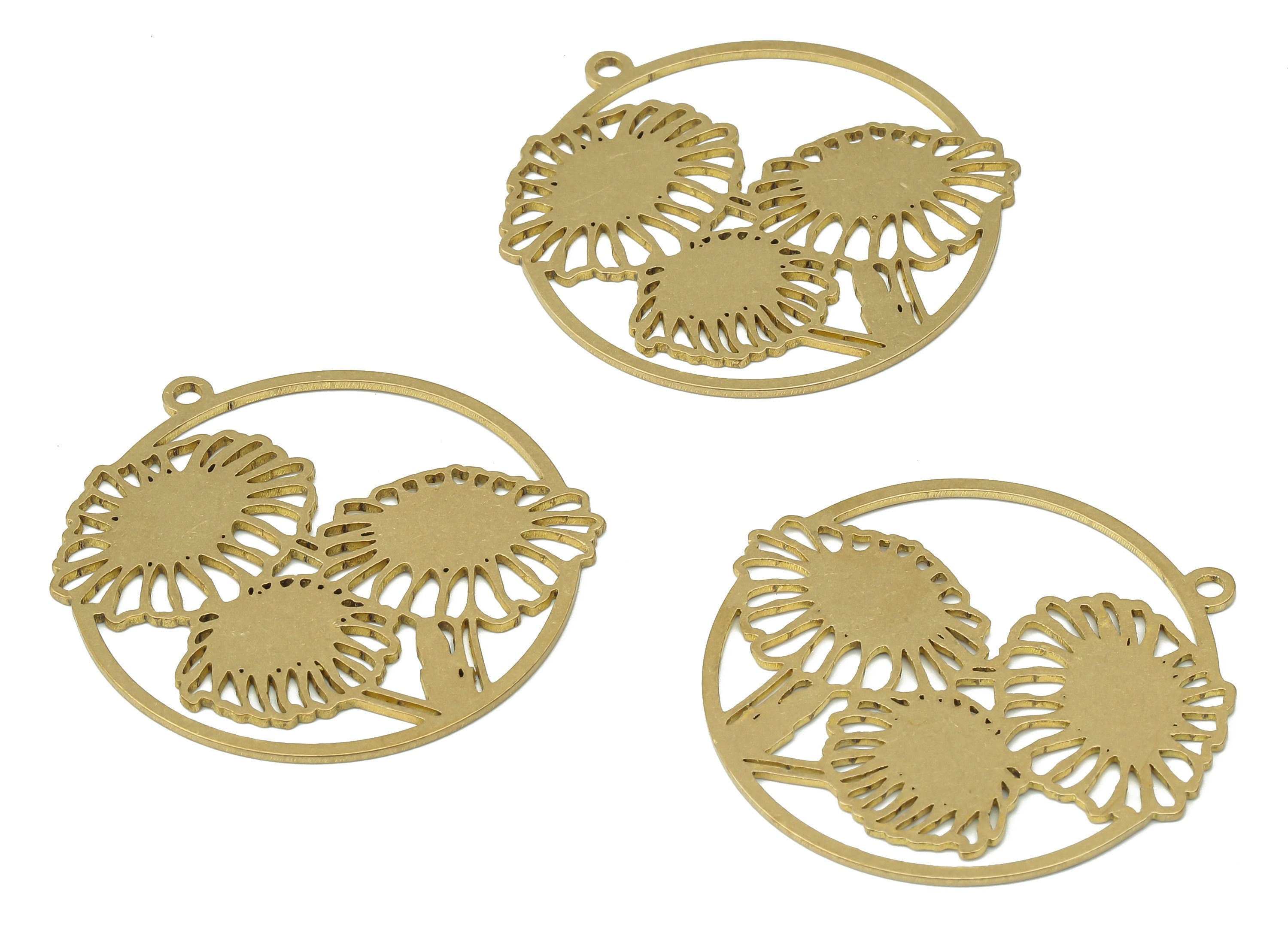 Brass Round Botanical Flowers Earring Charms - Raw Brass Mushroom Leaves Circle Pendant - Jewelry Supplies - 39.74x36.64x0.9mm - PPA3882 - DOMEDBAZAAR