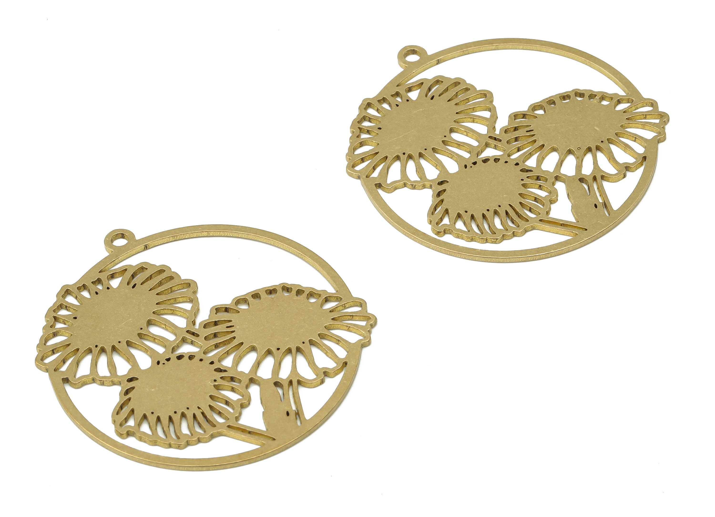 Brass Round Botanical Flowers Earring Charms - Raw Brass Mushroom Leaves Circle Pendant - Jewelry Supplies - 39.74x36.64x0.9mm - PPA3882 - DOMEDBAZAAR