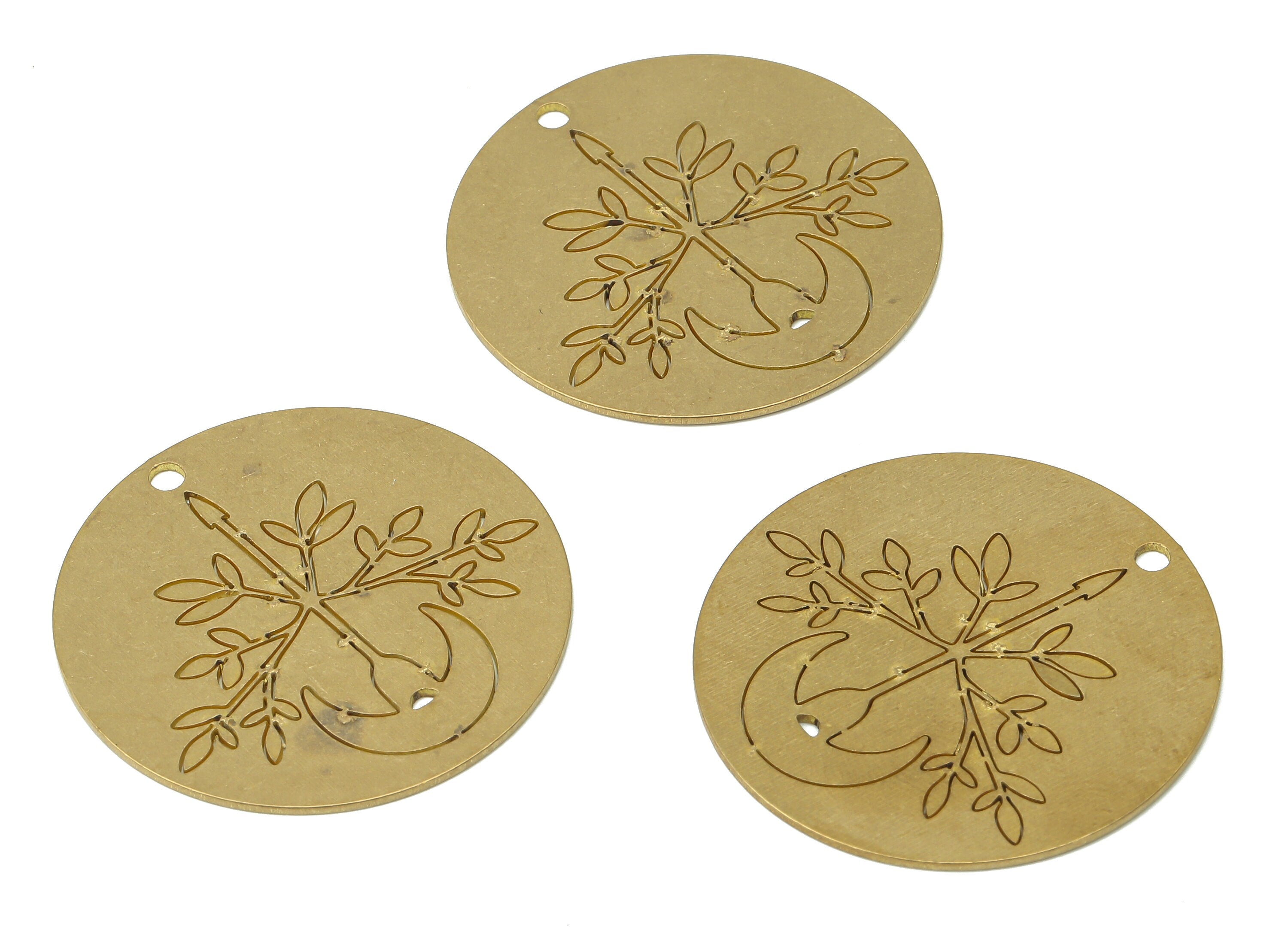 Brass Round Botanical Leaves Arrow Crescent Earring Charms - Raw Brass Branch Leaf Moon Pendant - Jewelry Making - 31.9x31.9x0.7mm - PPA3764 - DOMEDBAZAAR