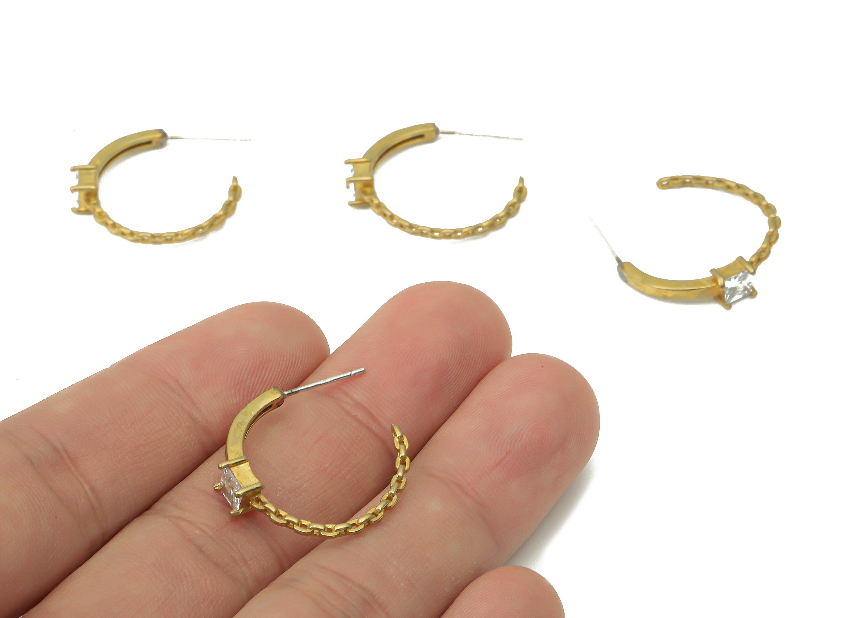 Brass C Open Hoop Earring Stud with Zircon - Raw Brass C Curb Chain Hoop Earring Post - Imitation Silver Stud - 21.6x19.6x4.89mm - PP7420 - DOMEDBAZAAR