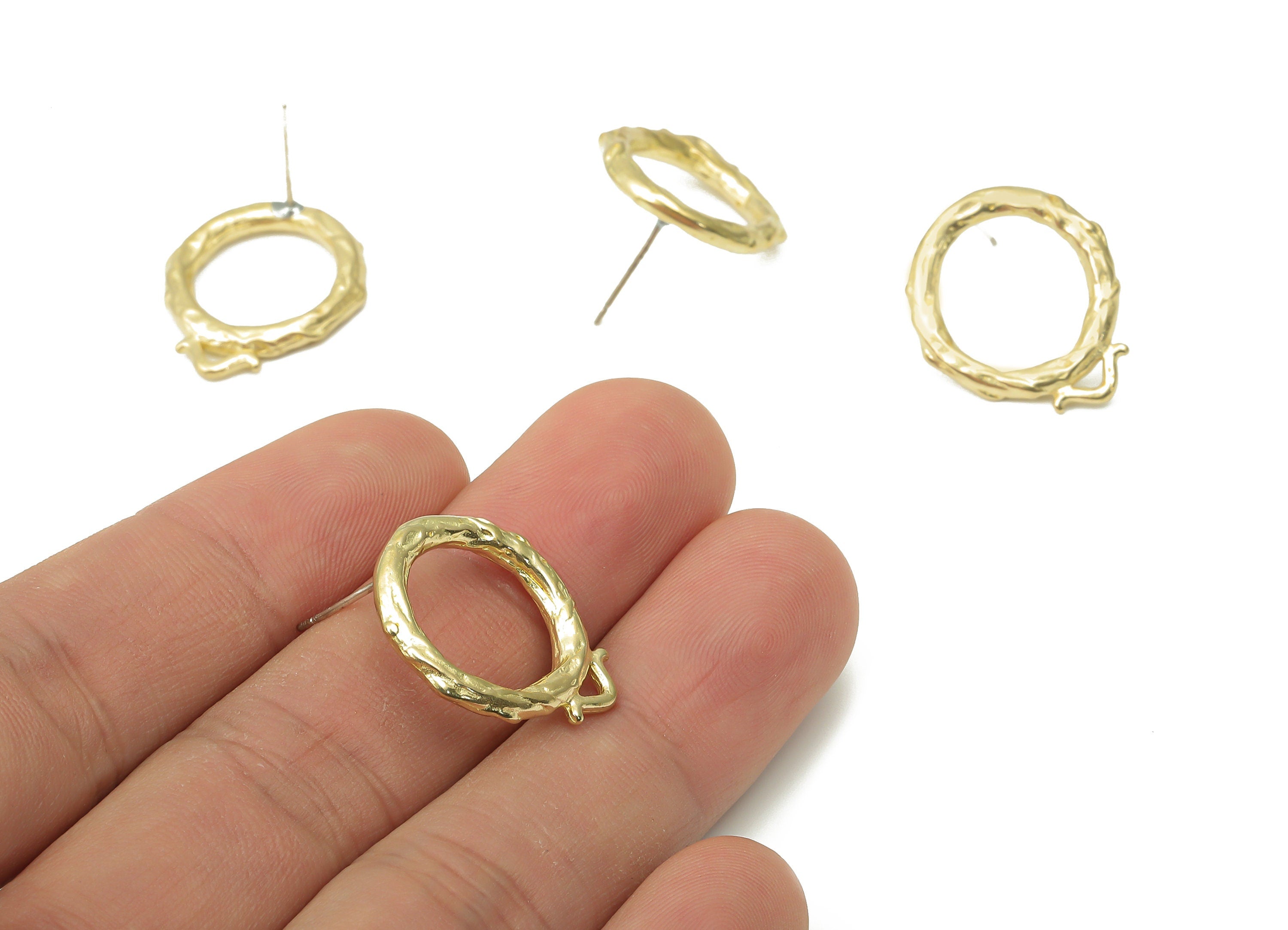 Brass Hammered Round Hoop Earring Stud - Raw Brass Circle Hoop Post - Imitation Silver Stud - Jewelry Supplies - 22.37x18.3x2.7mm - PP7419 - DOMEDBAZAAR