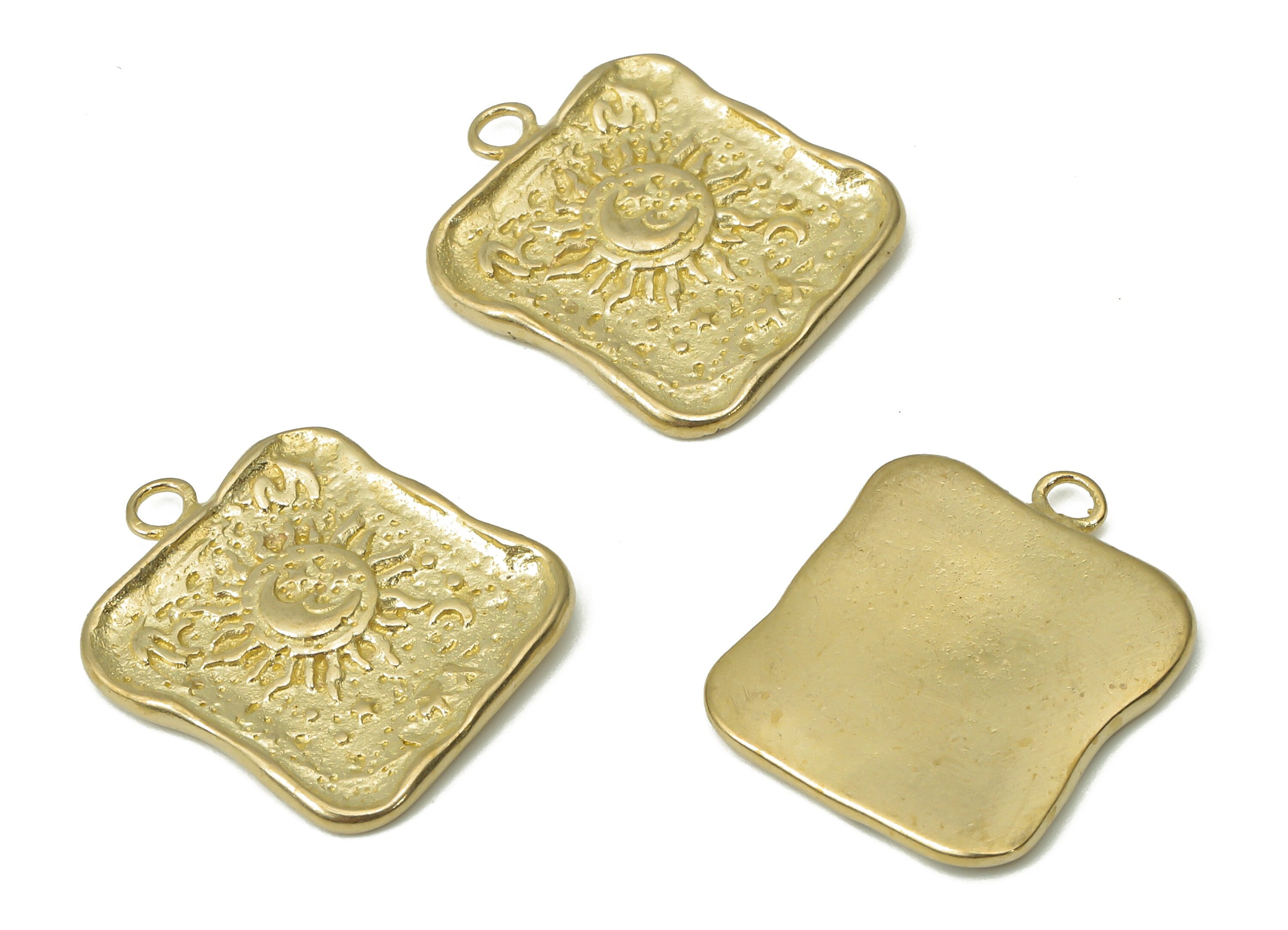 Brass Hammered Square Sun Crescent Earring Charms - Raw Brass Moon Star Pendant - Jewelry Making Supplies - 18.92x15.84x1.61mm - PP7425 - DOMEDBAZAAR