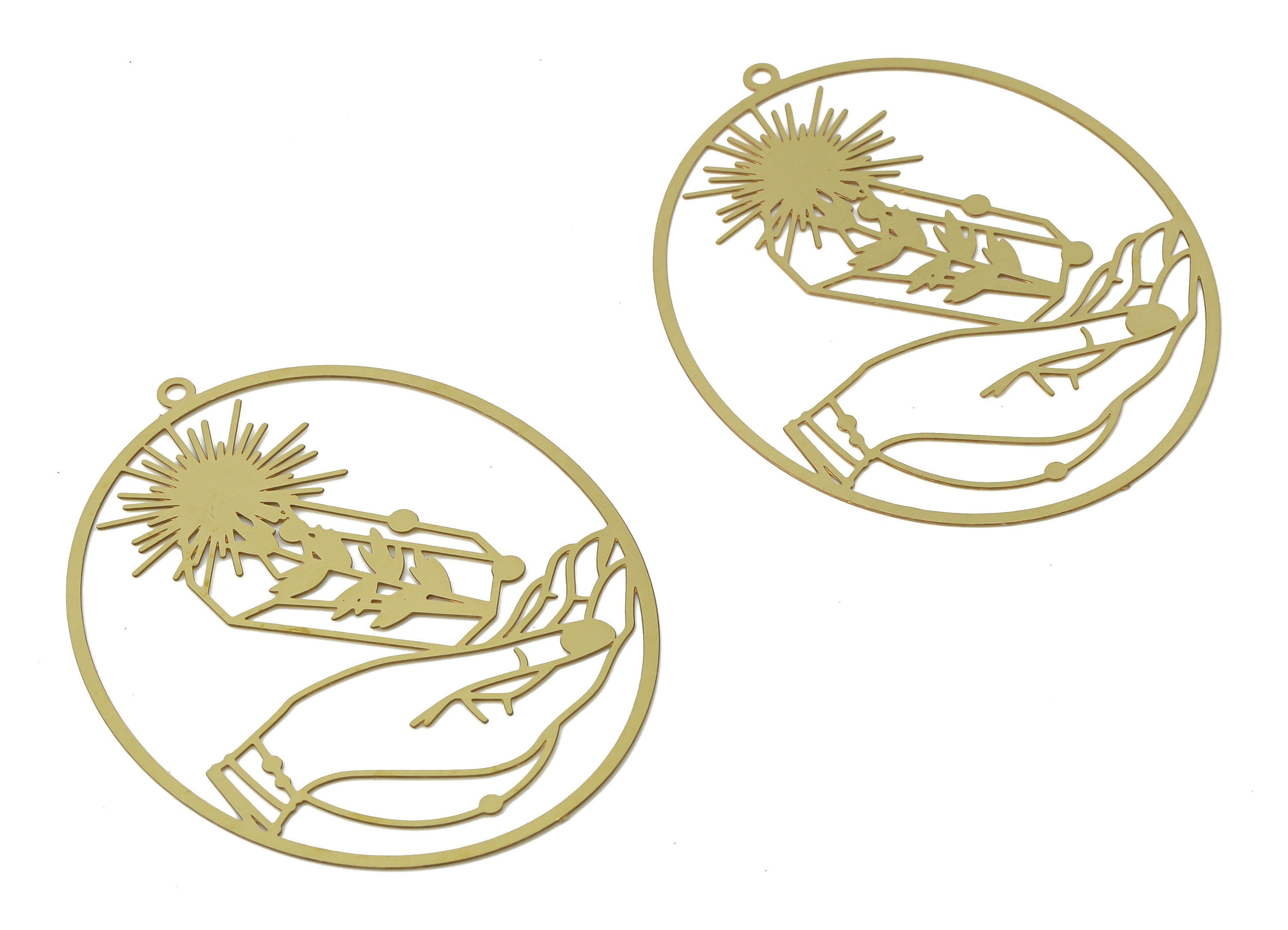 Brass Flower Cage Hand Holding The Sun Earring Charms - Raw Brass Oval Hand Sun Flower Pendant - Jewelry Making - 48.35x37.8x0.3mm - JJB7052 - DOMEDBAZAAR