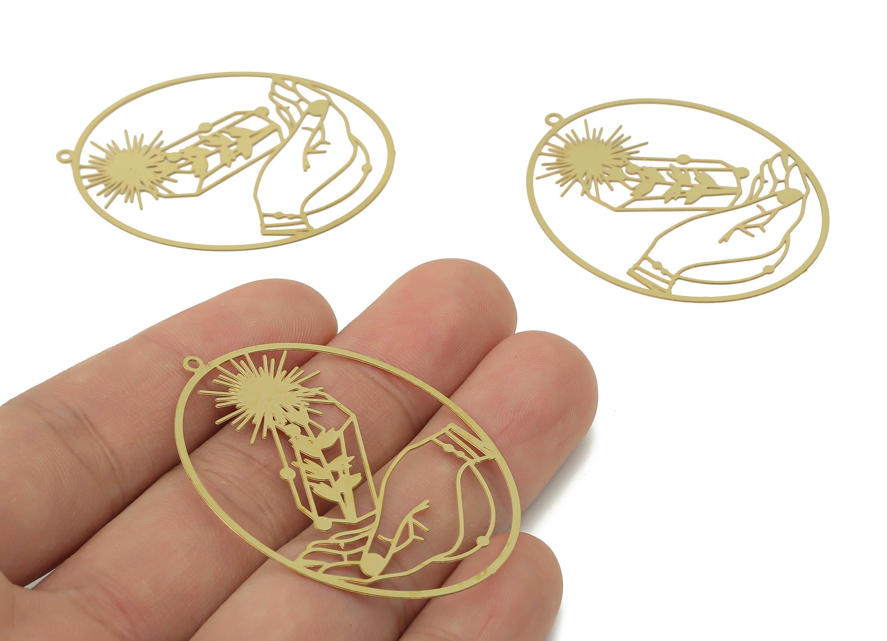 Brass Flower Cage Hand Holding The Sun Earring Charms - Raw Brass Oval Hand Sun Flower Pendant - Jewelry Making - 48.35x37.8x0.3mm - JJB7052 - DOMEDBAZAAR