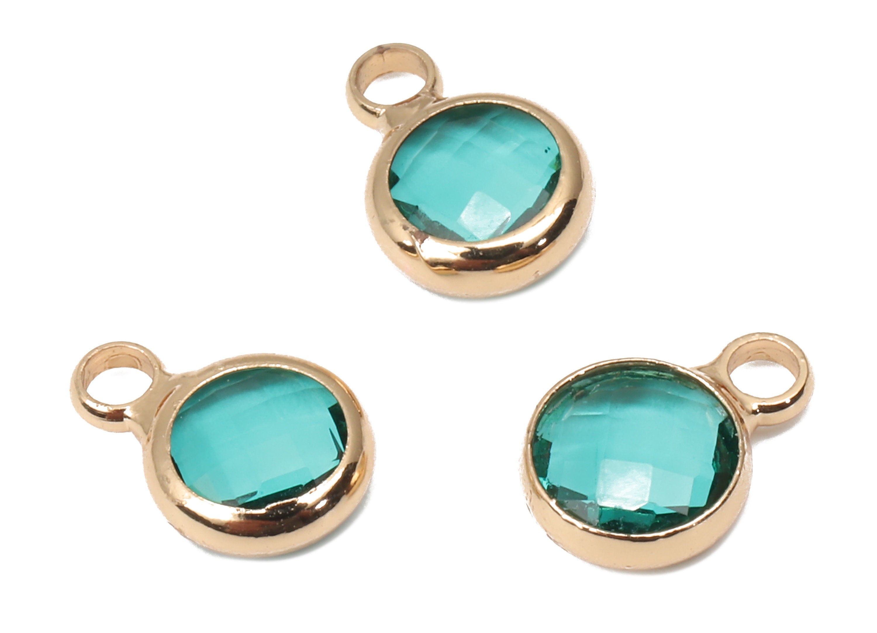 Glass Mini Round Earring Charms with Loop - Circle Bracelet Charm - Gold Tone Plated Brass - Faceted Green Glass - 9.6x6.53x2.57mm - GS1143E - DOMEDBAZAAR
