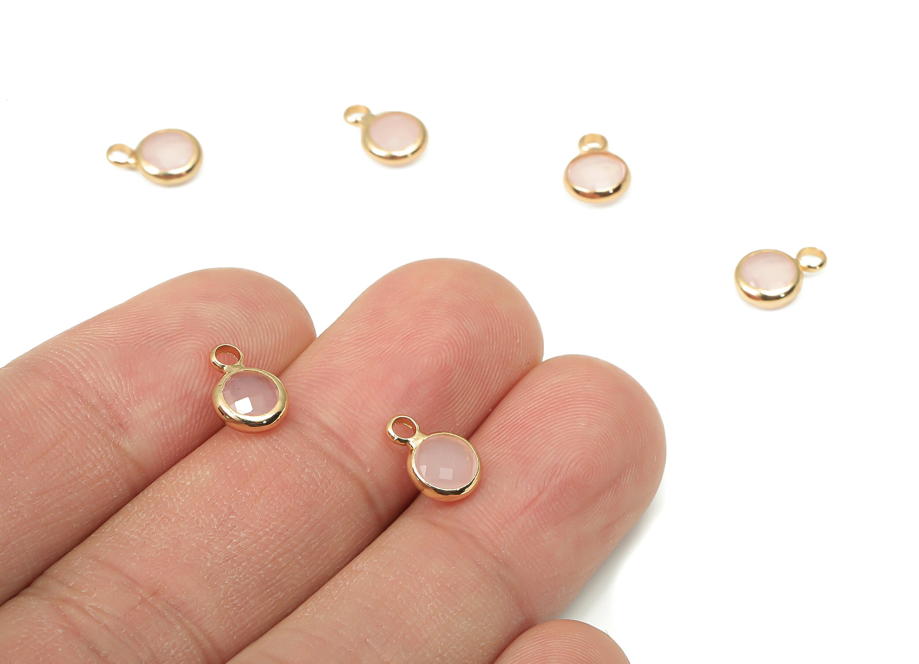 Glass Mini Round Earring Charms with Loop - Circle Bracelet Charm - Gold Tone Plated Brass - Faceted Pink Glass - 9.6x6.53x2.57mm - GS1143A - DOMEDBAZAAR