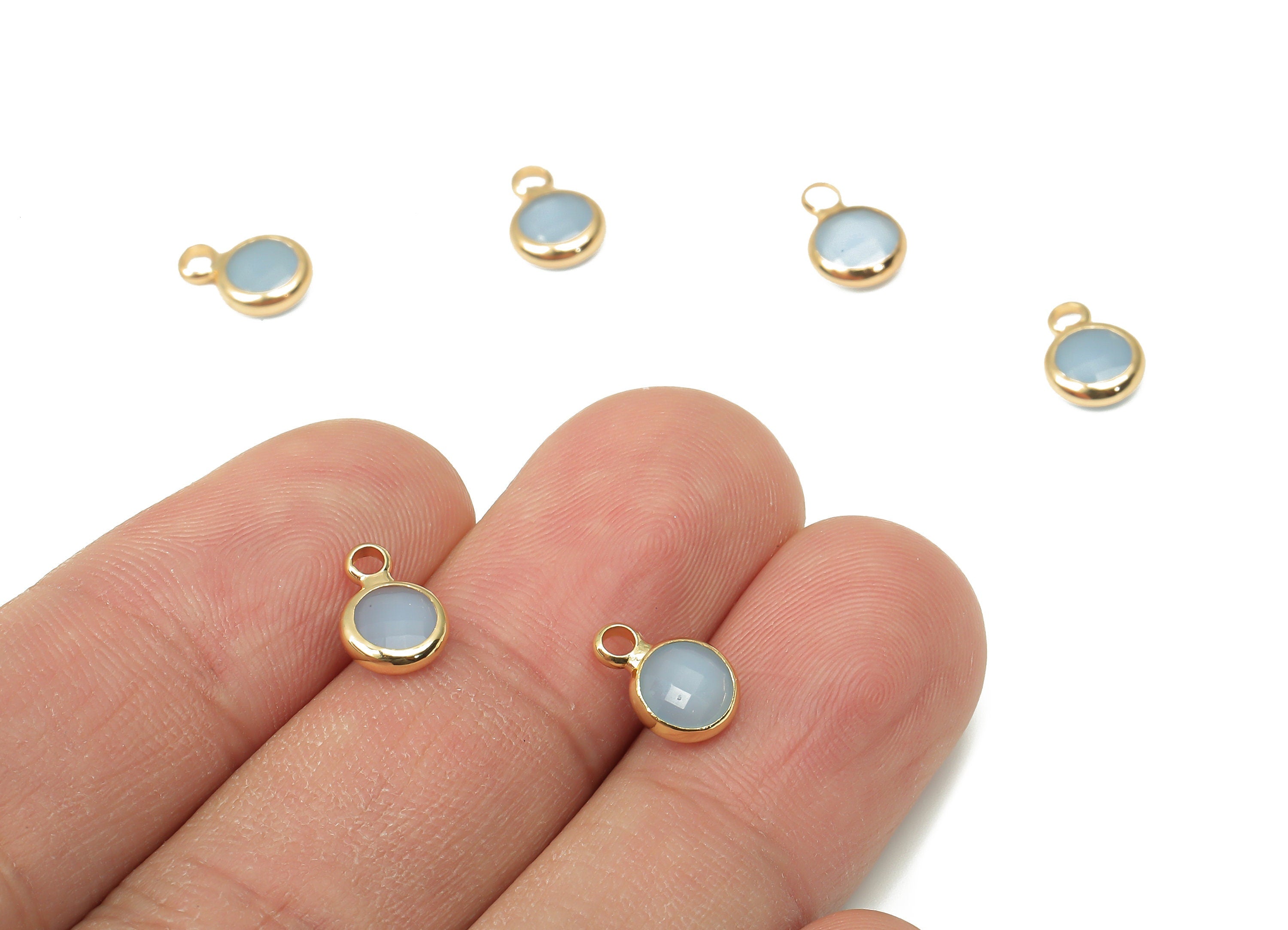 Glass Mini Round Earring Charms with Loop - Gold Tone Plated Circle Brass for Bracelet - Faceted Gray Glass - 9.6x6.5x2.5mm - GS1143C - DOMEDBAZAAR
