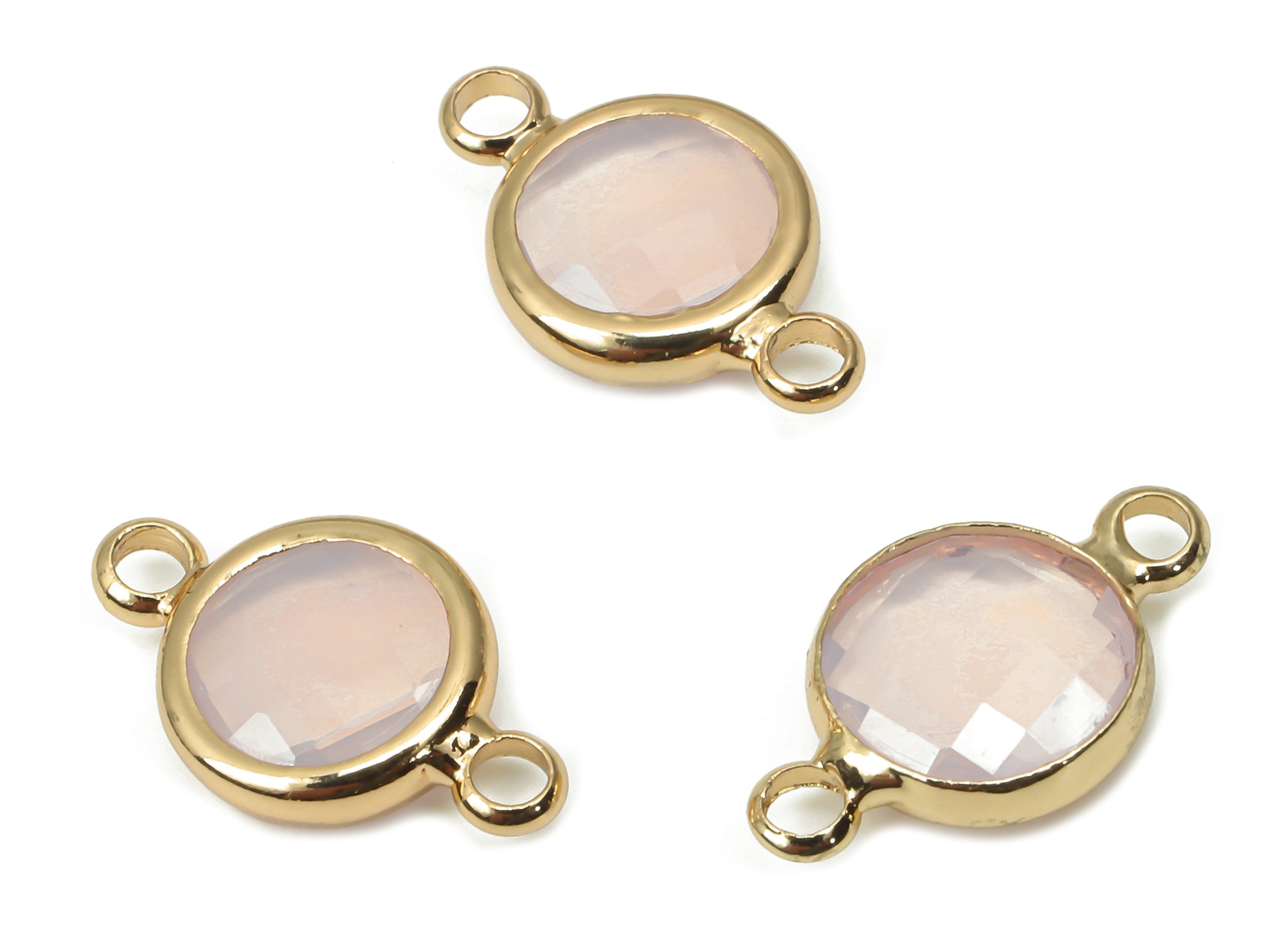 Glass Round Earring Connectors - Brass Circle Bracelet Connector - Gold Tone Plated Brass - Faceted Pink Glass - 14.4x8.7x3.2mm - GS1138D - DOMEDBAZAAR