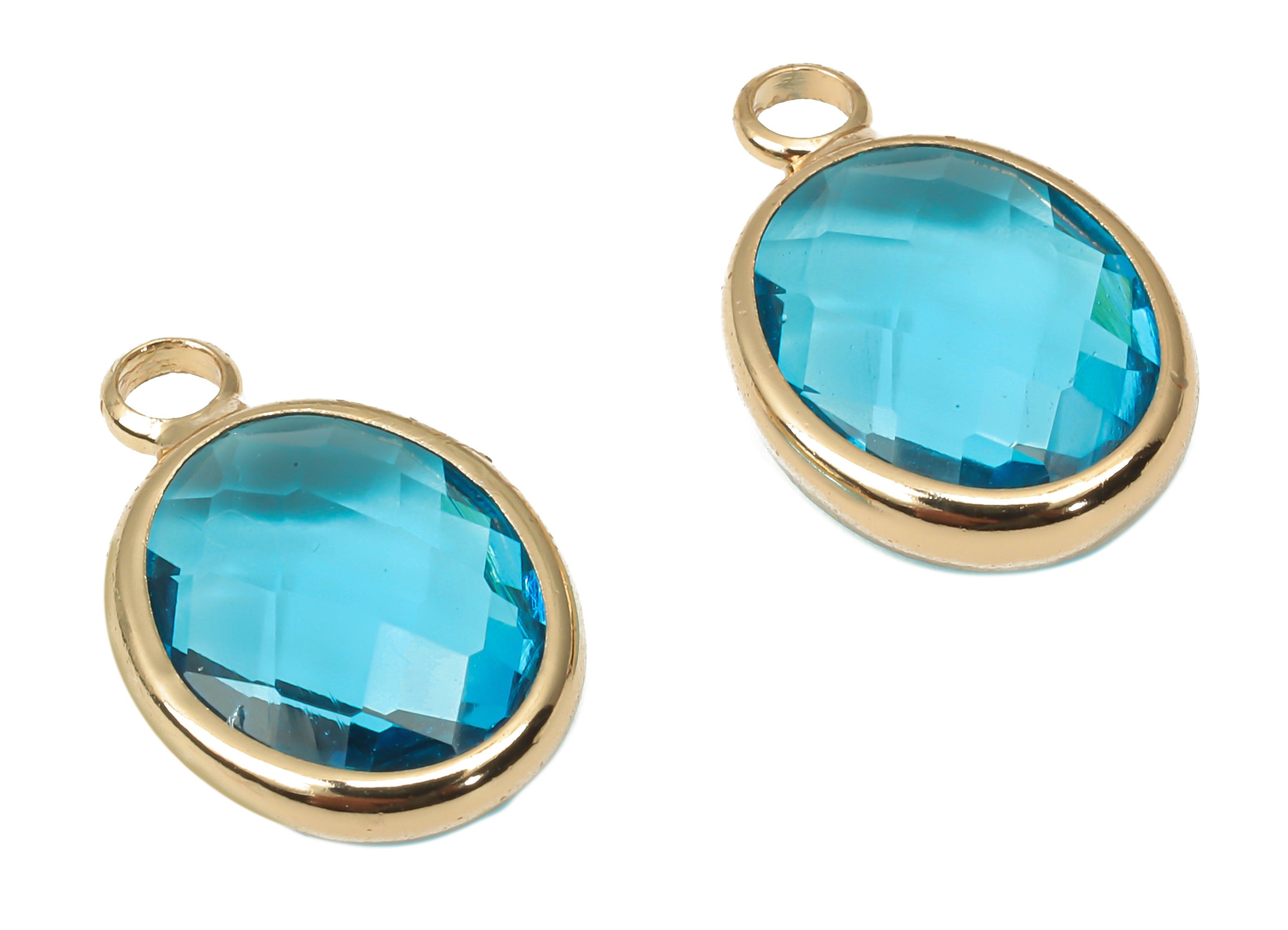 Glass Oval Earring Charms With Loop - Blue Brass Oval Frame Pendant - Gold Tone Plated Brass - Faceted Glass - 16.08x10.6x4.38mm - GS1145E - DOMEDBAZAAR