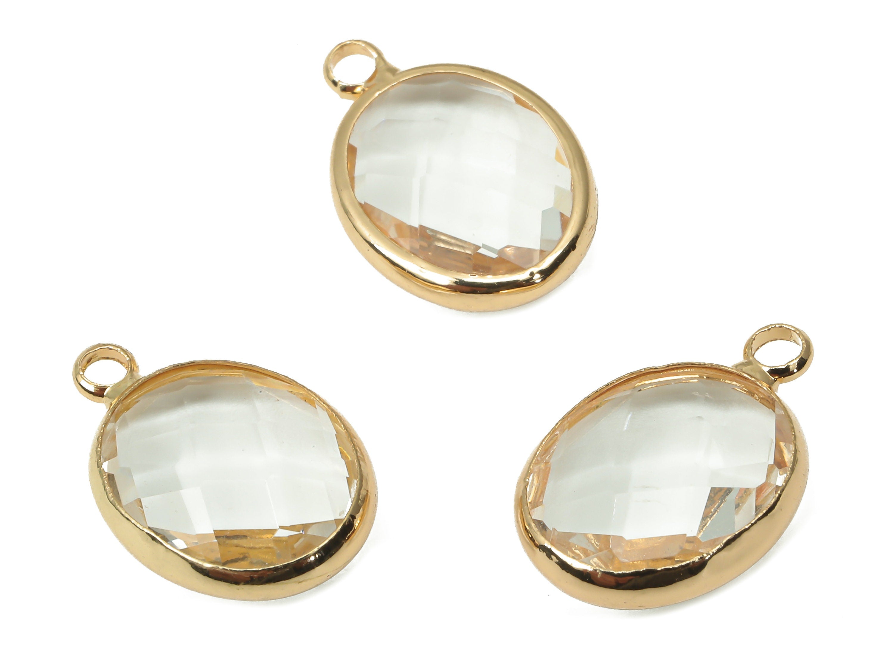 Glass Oval Earring Charms With Loop - Clear Brass Oval Frame Pendant - Gold Tone Plated Brass - Faceted Glass - 16.08x10.6x4.38mm - GS1145D - DOMEDBAZAAR