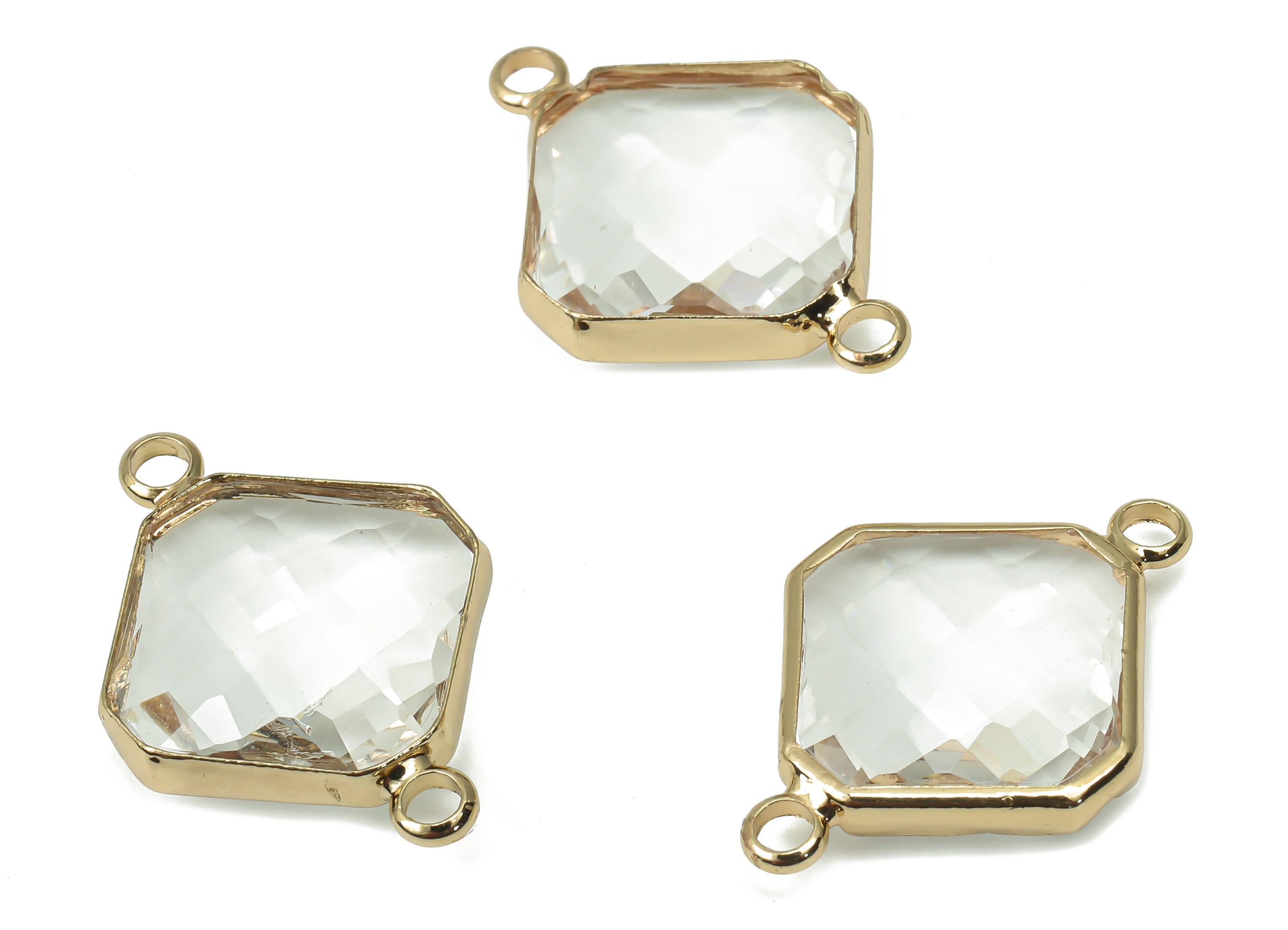 Glass Diamond Earring Connectors - Clear Brass Rhombic Frame Bracelet - Gold Tone Plated Brass - Faceted Glass - 23.89x17.12x5.1mm - GS1148A - DOMEDBAZAAR