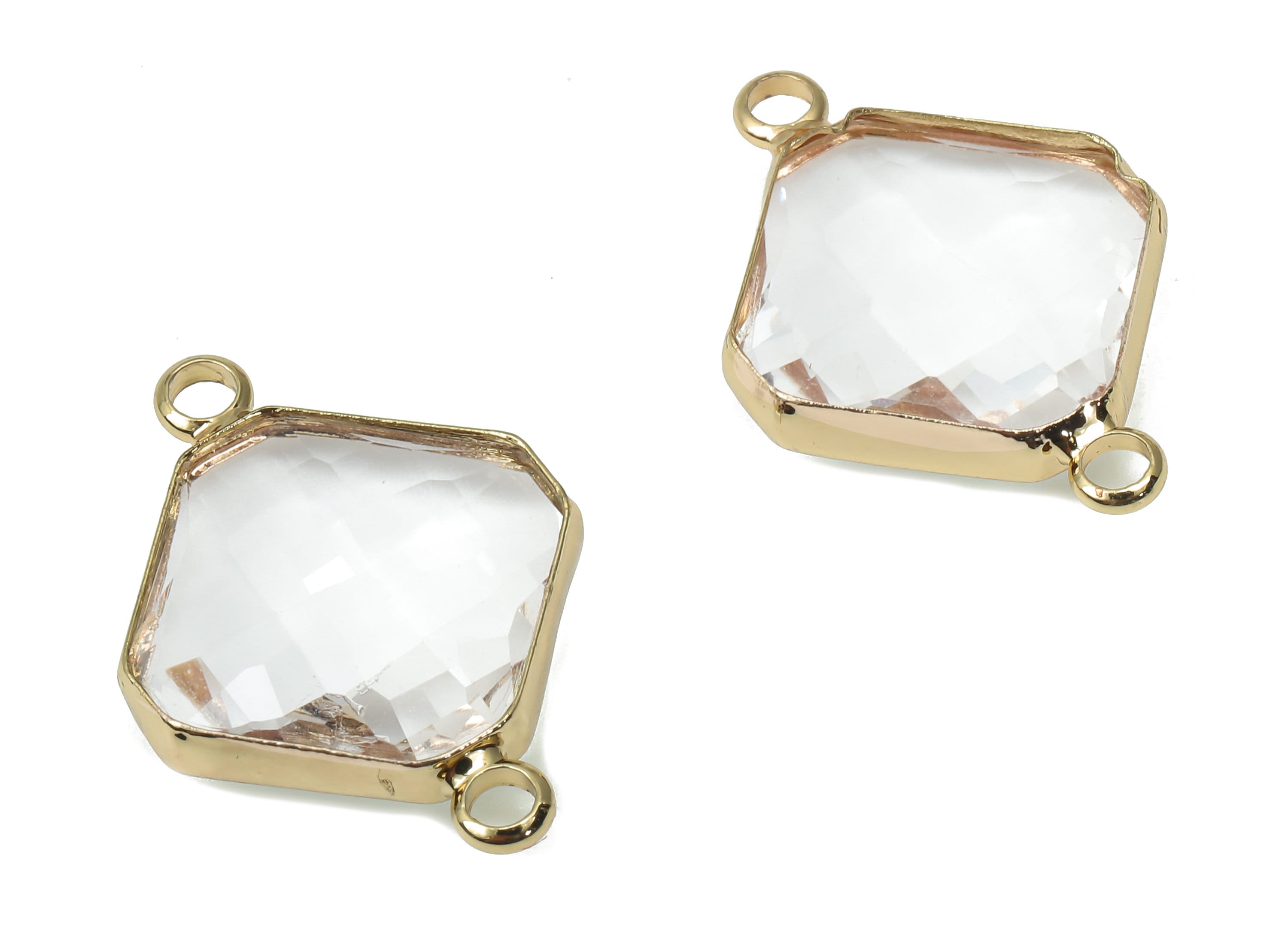 Glass Diamond Earring Connectors - Clear Brass Rhombic Frame Bracelet - Gold Tone Plated Brass - Faceted Glass - 23.89x17.12x5.1mm - GS1148A - DOMEDBAZAAR