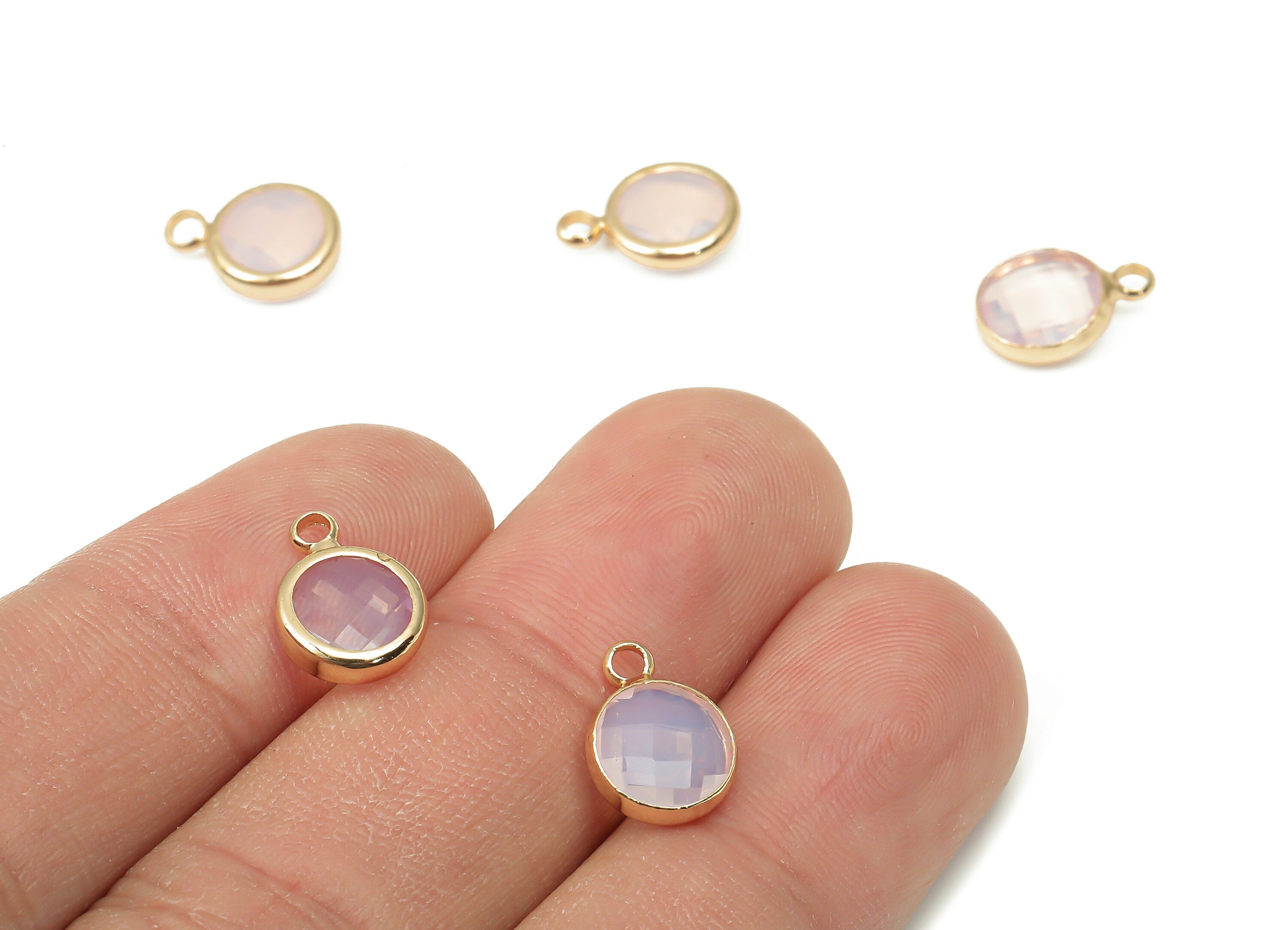 Glass Round Earring Charms with Loop - Pink Brass Circle Frame Pendant - Gold Tone Plated Brass - Faceted Glass - 11.5x8.66x3.02mm - GS1142B - DOMEDBAZAAR