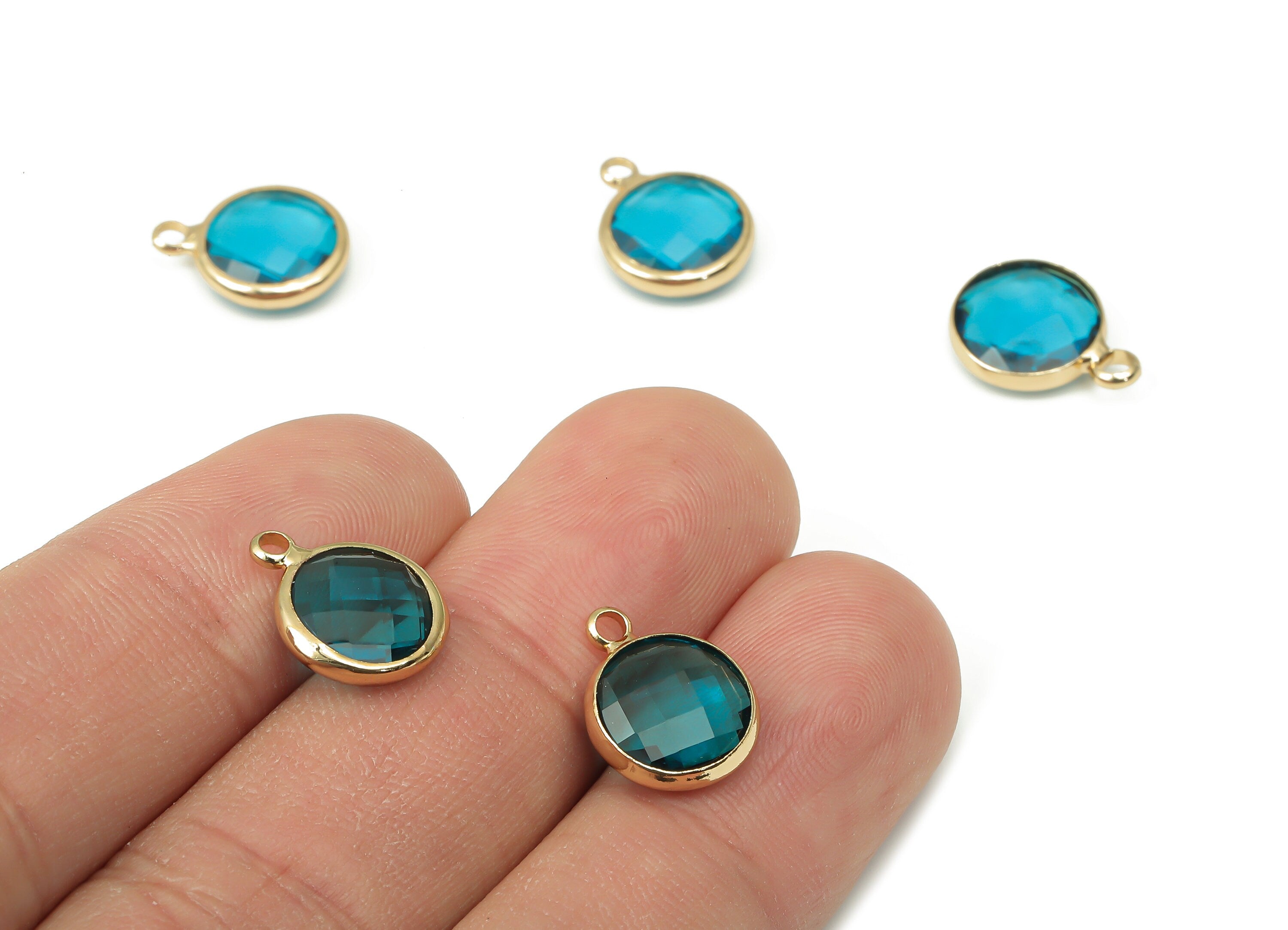 Glass Round Earring Charms with Loop - Blue Brass Circle Frame Pendant - Gold Tone Plated Brass - Faceted Glass - 14.1x10.6x3.8mm - GS1141F - DOMEDBAZAAR