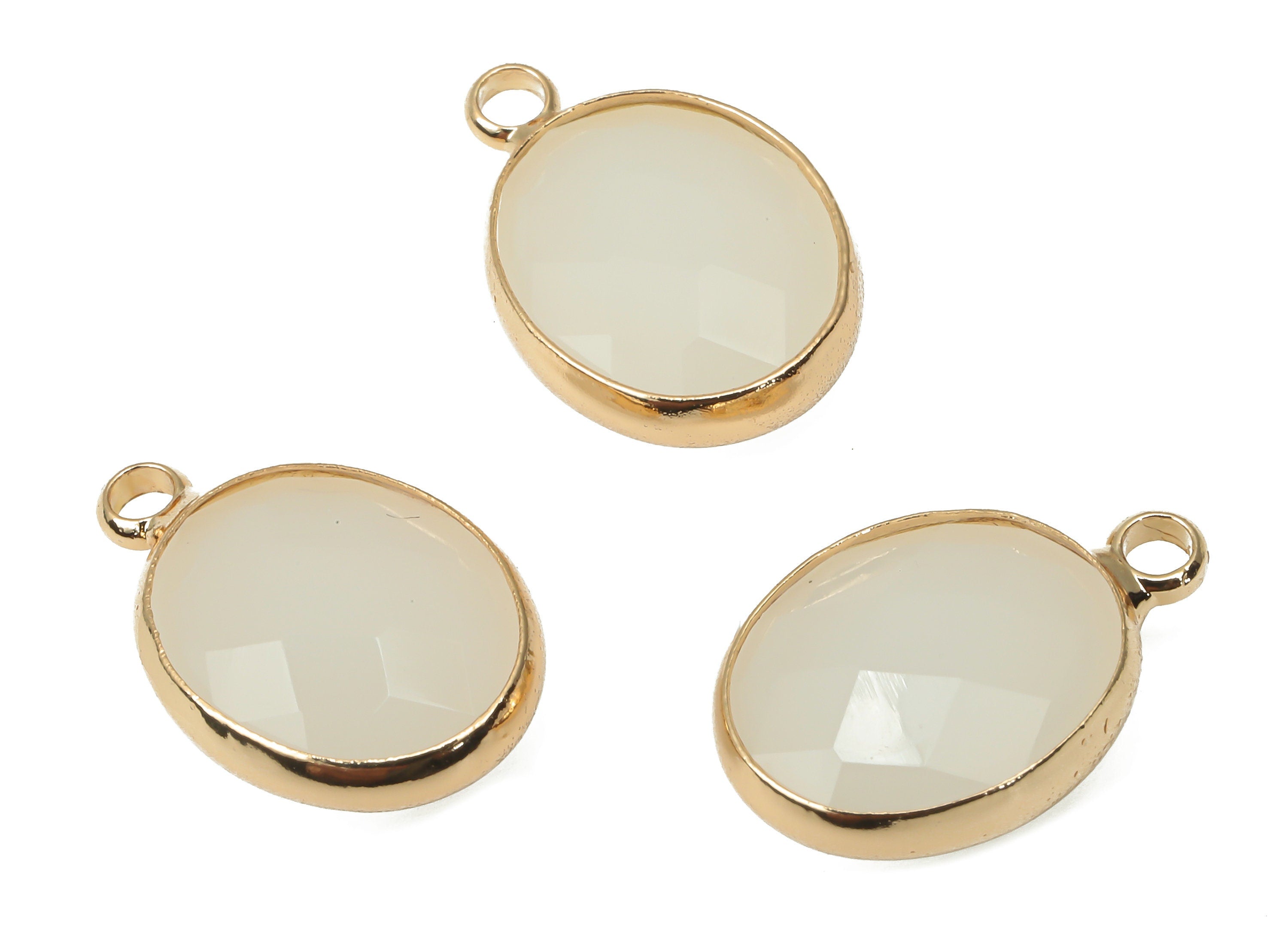 Glass Oval Earring Charms With Loop - White Brass Oval Frame Pendant - Gold Tone Plated Brass - Faceted Glass - 16.08x10.6x4.38mm - GS1145B - DOMEDBAZAAR