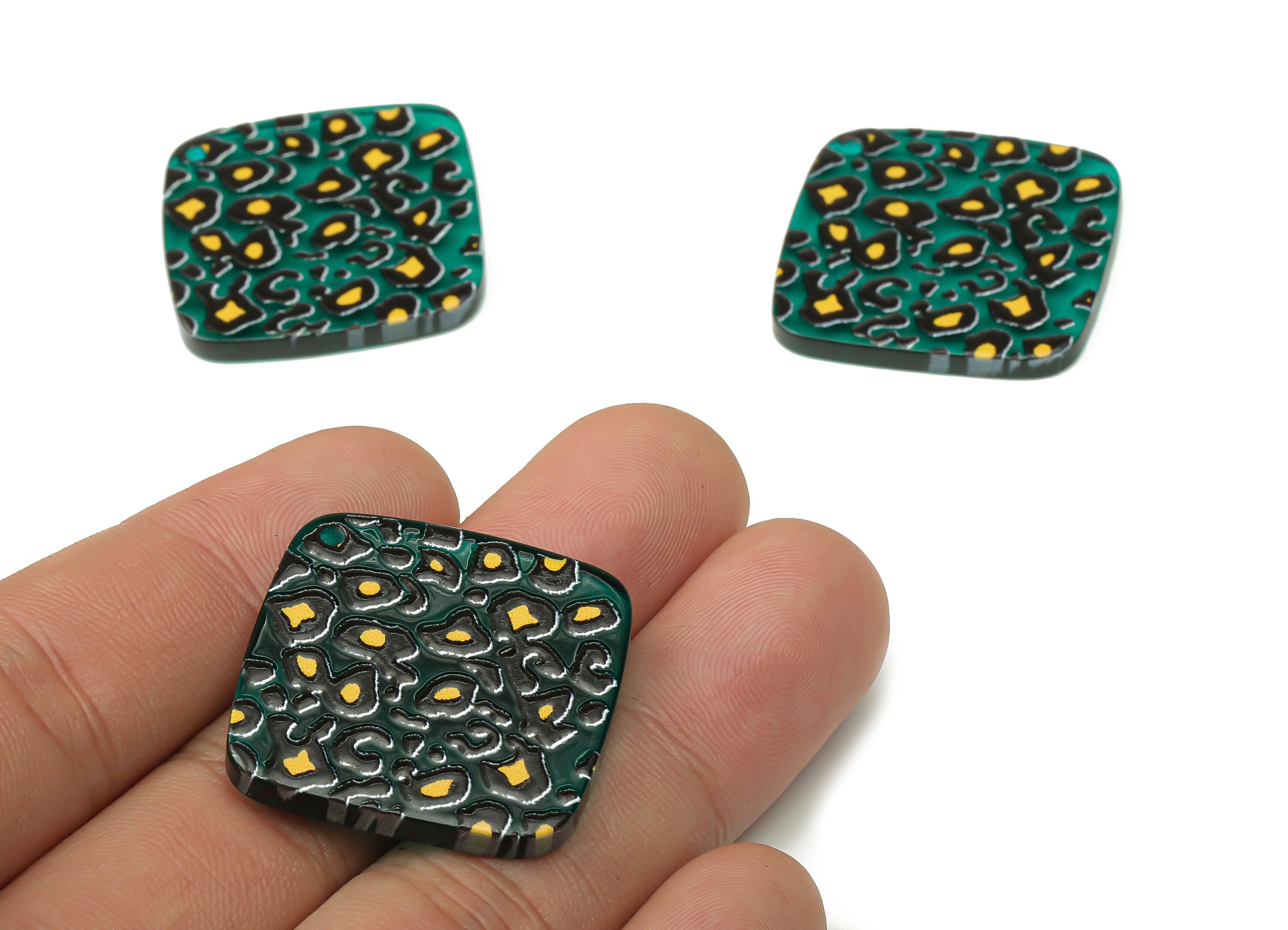 Acrylic Square Animal Print Charms -Green Leopard Print Earrings Charm Pendents - Jewelry Supplies - 28.56×28.56×2.81mm - AC2504A - DOMEDBAZAAR