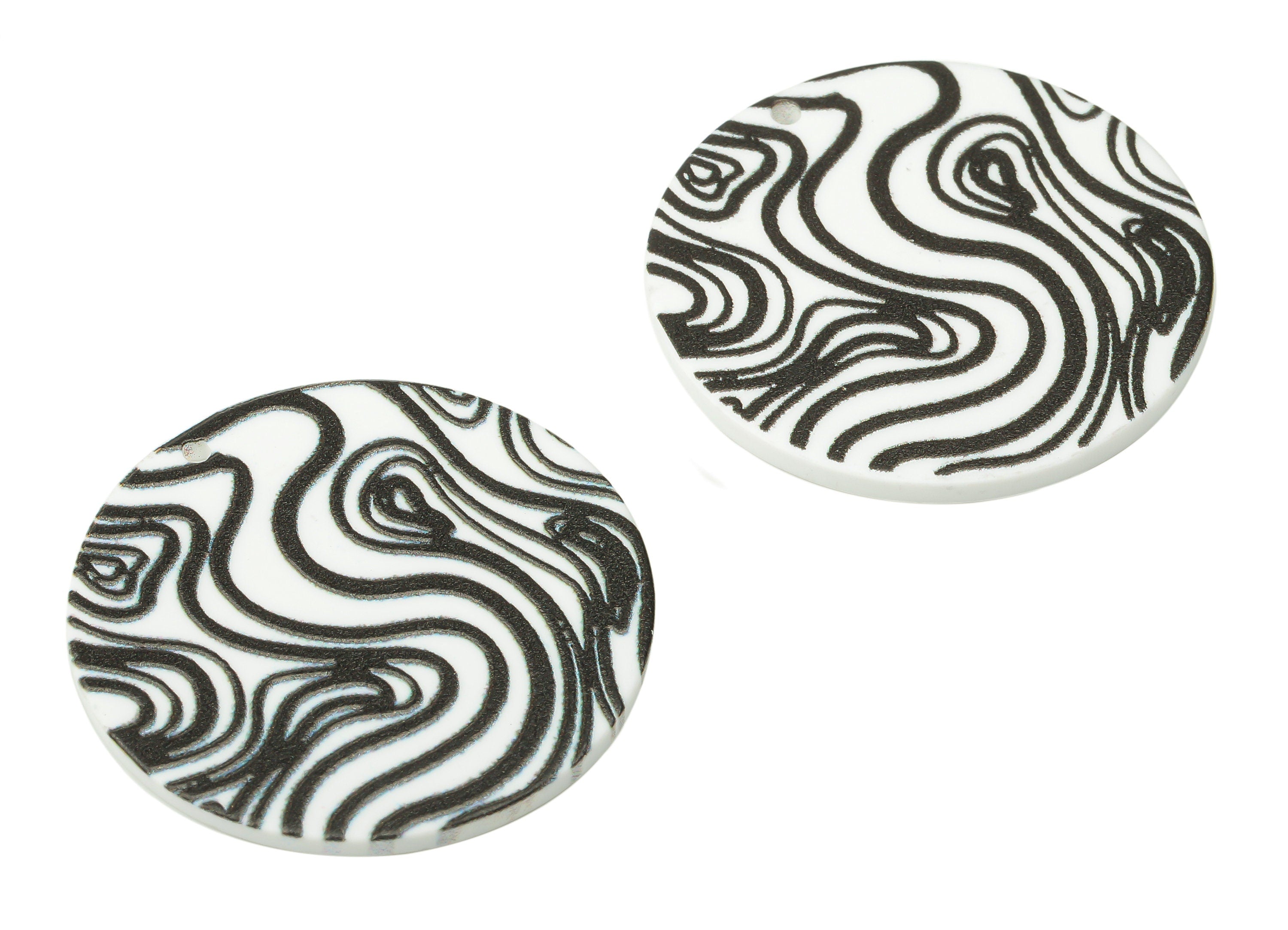 Acrylic Round Waves Earrings Charm - Black Acrylic Waves Circle Pendant - Printing Textured - Jewelry Supplies - 36.86x36.86x2.3mm - AC2519B - DOMEDBAZAAR