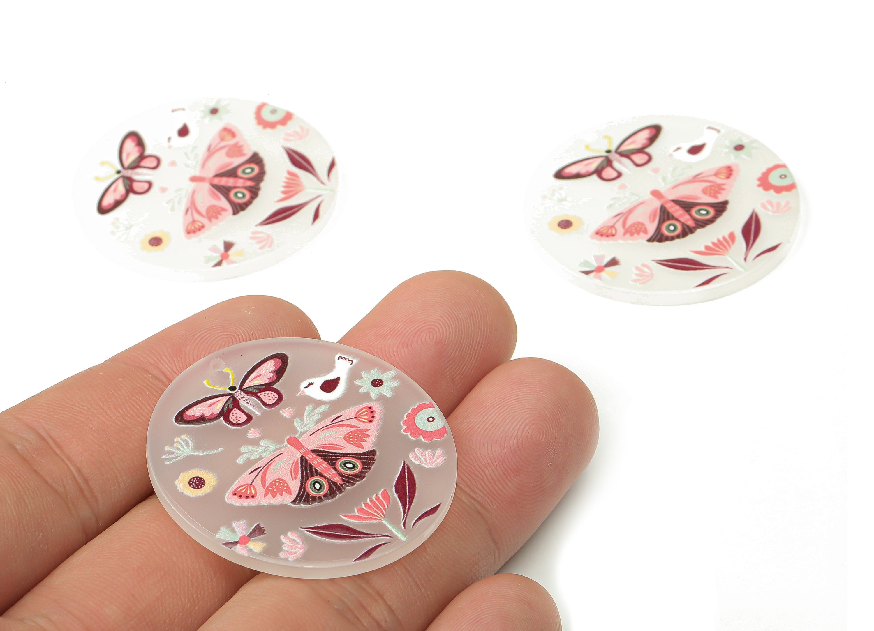 Acrylic Moth Round Earring Charms - Butterfly Circle Pendant Charm - Earring Findings - Jewelry Supplies - 36.86x36.86x2.3mm- AC2519D - DOMEDBAZAAR