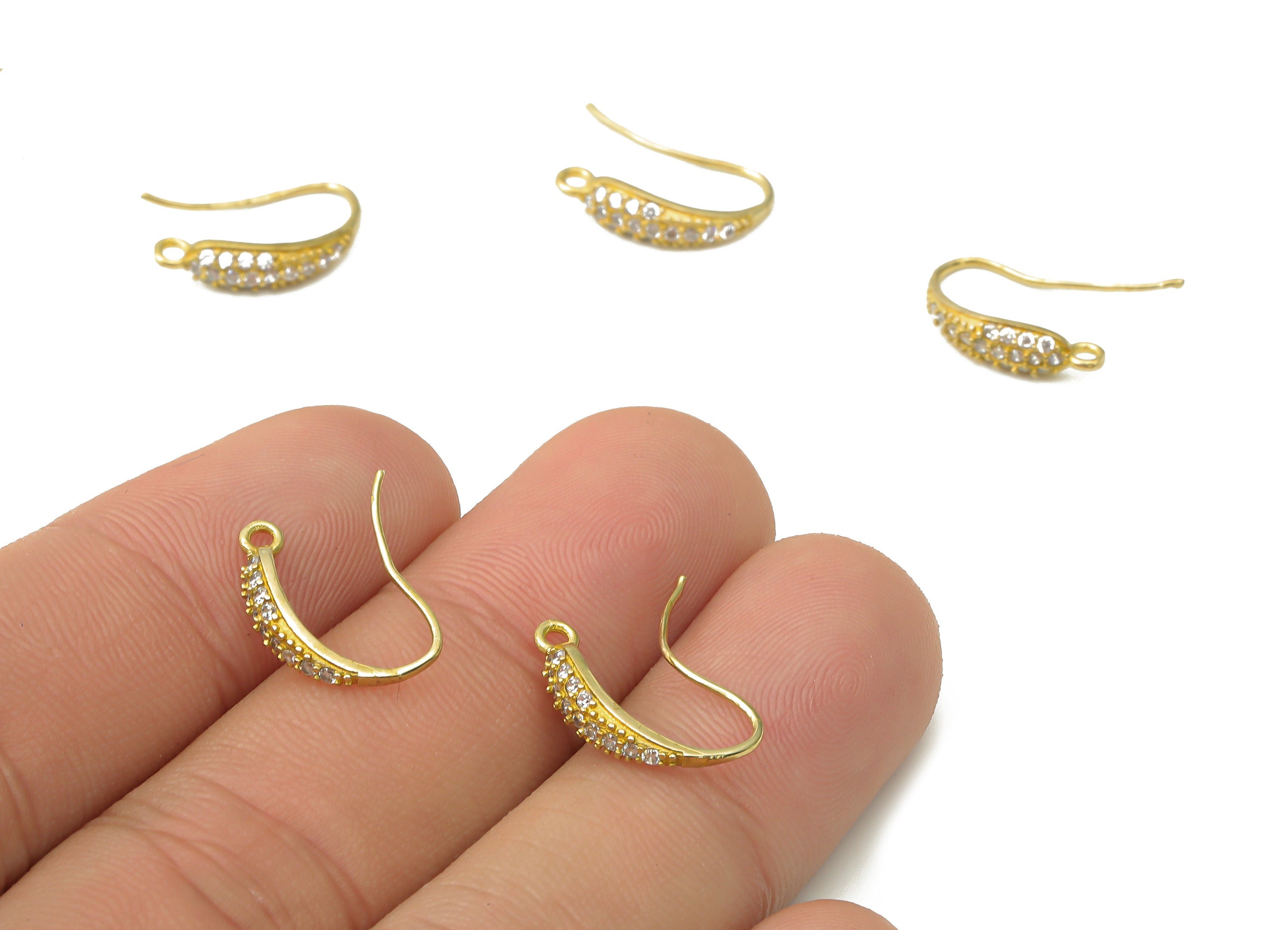 Raw Brass Hook Earrings - Brass Ear Fish Hooks - CZ Paved Ear Hooks - Brass Earring Findings - Jewelry Supplies -15.94x10.87x2.3mm- PP7515 - DOMEDBAZAAR