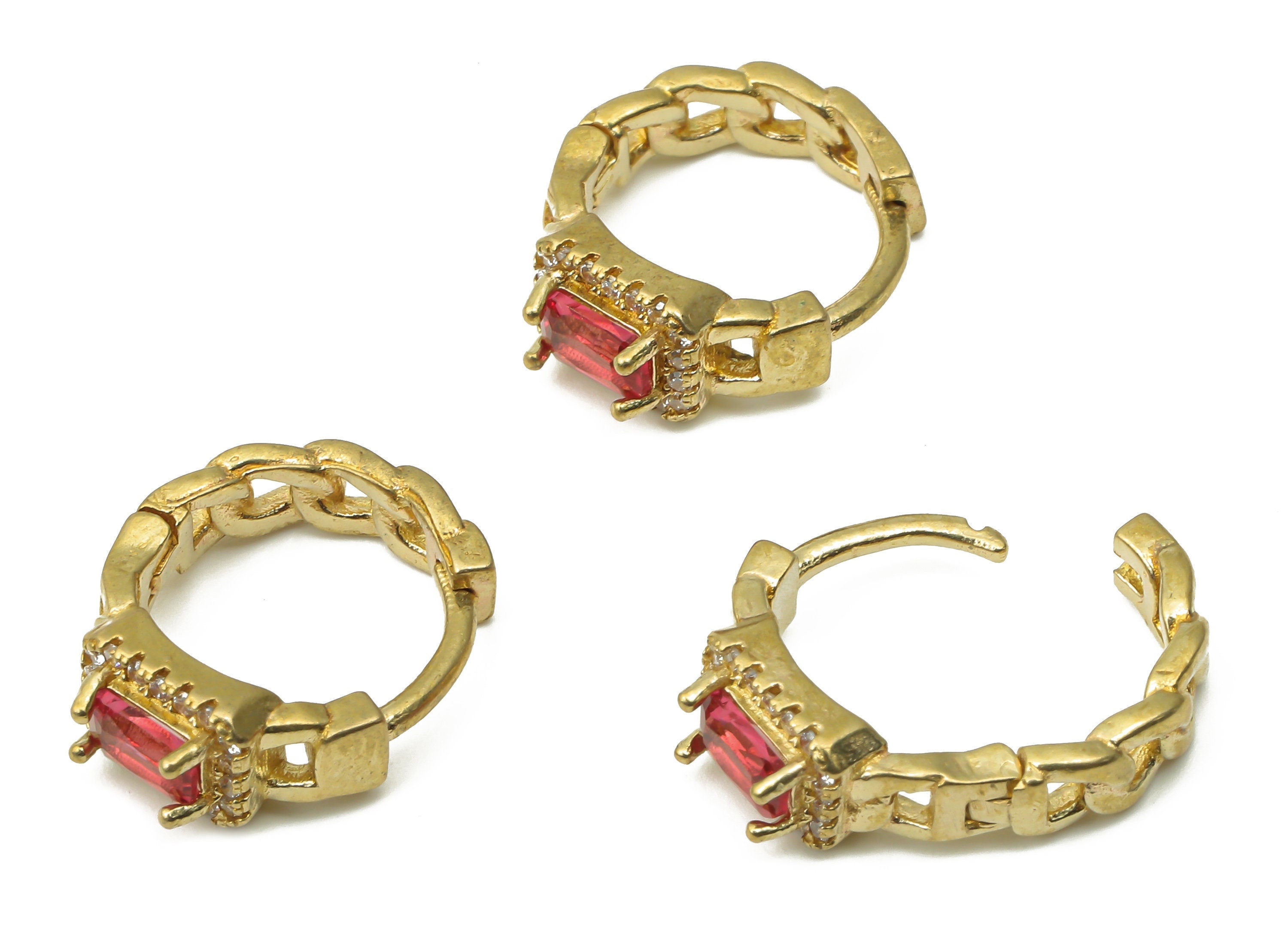 Brass Round Huggie Hoop Earrings - Raw Brass Hoops with Zircons - Red Zircon Earrings - Jewelry Making Supplies - 16.21x13.7x3.3mm - PP7533 - DOMEDBAZAAR