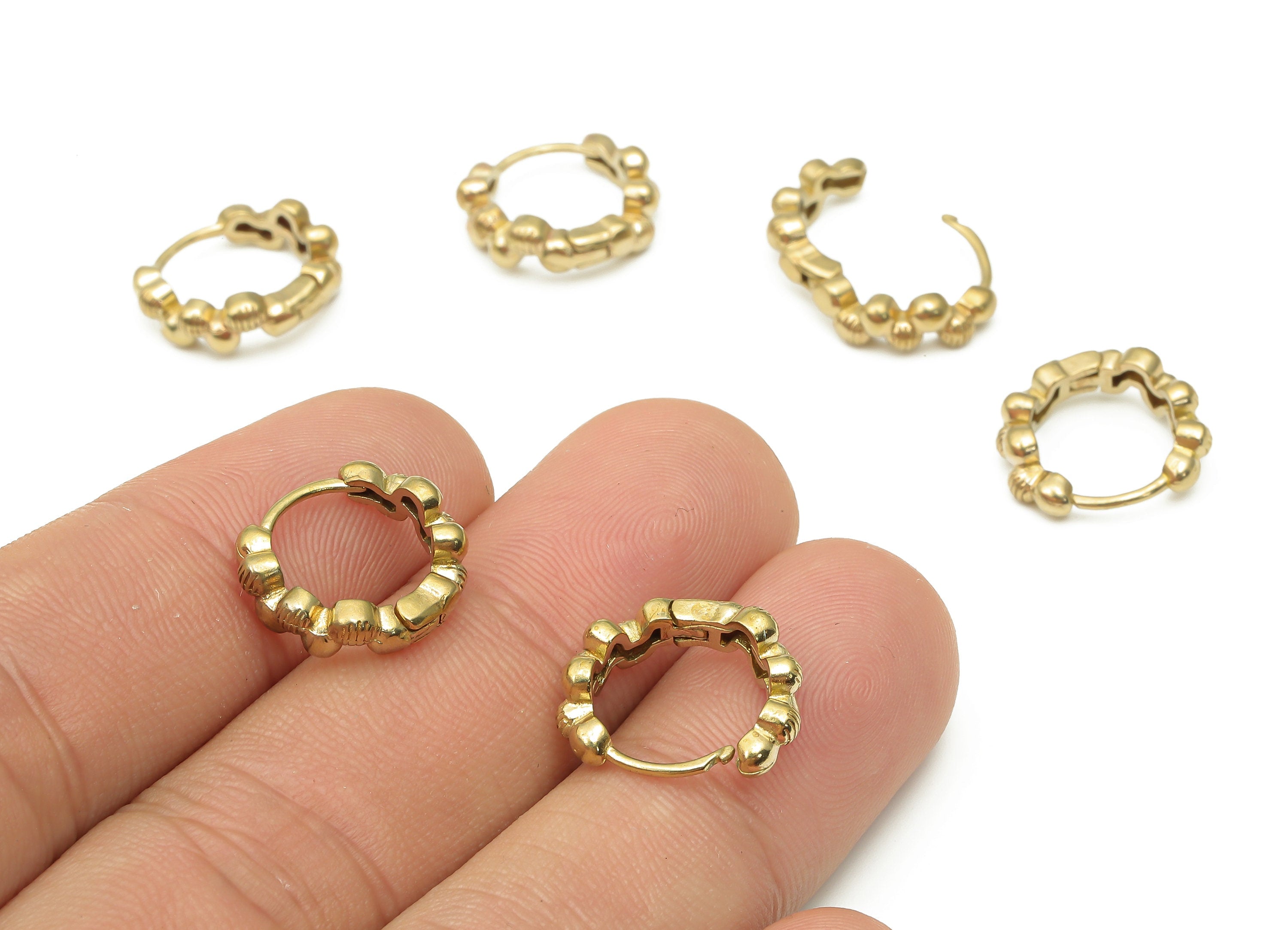 Raw Brass Beaded Hoop Earrings - Brass Round Leverback Stud Earrings - Earring Findings - Jewelry Supplies -14.96x14.96x2.47mm- PP7552 - DOMEDBAZAAR