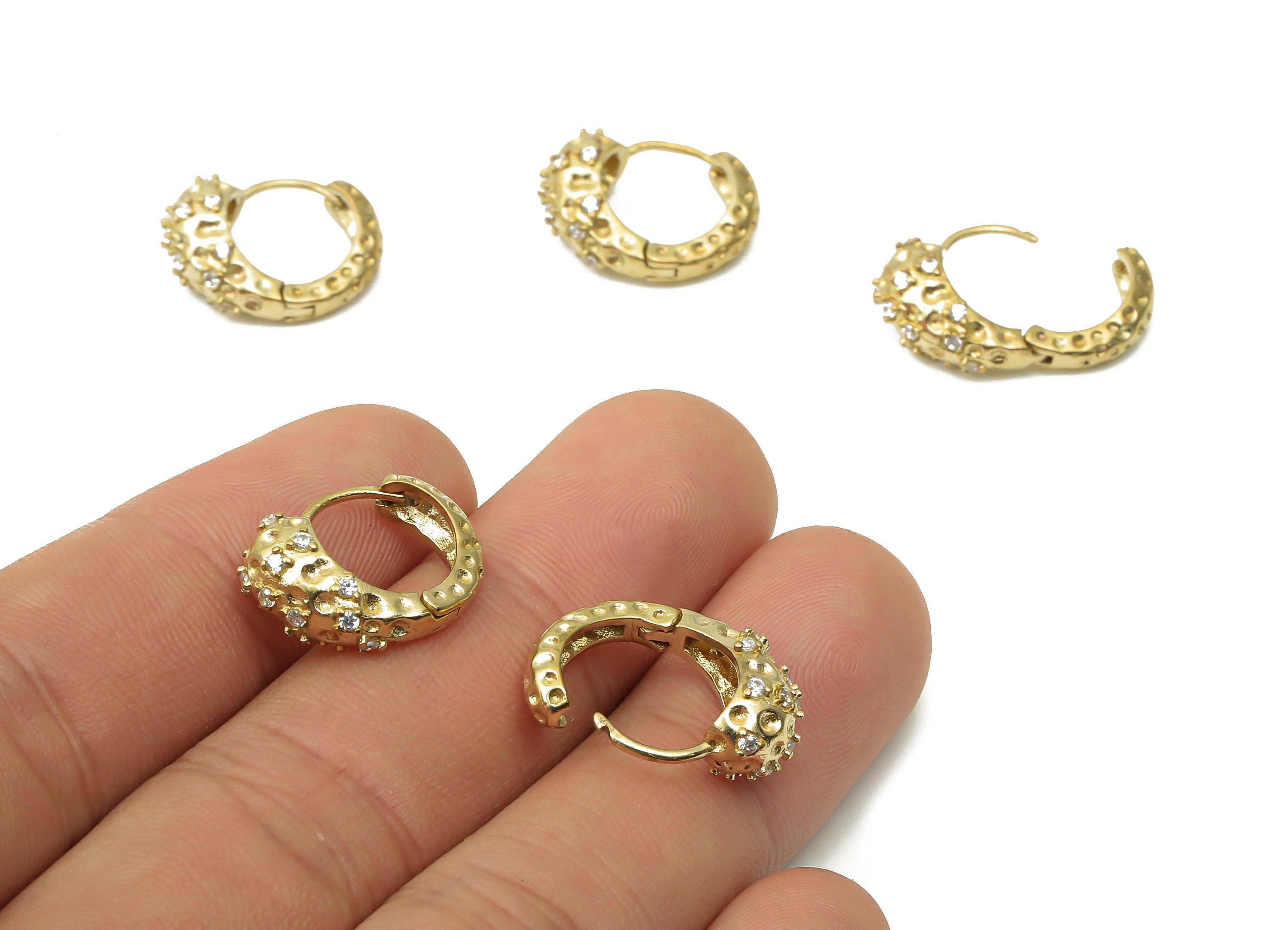 Raw Brass Huggie Hoop Earrings - Brass Textured Leverback Stud Earrings - CZ Paved Hoop Earrings - Jewelry Supplies -17.4x13.74x5mm- PP7558 - DOMEDBAZAAR