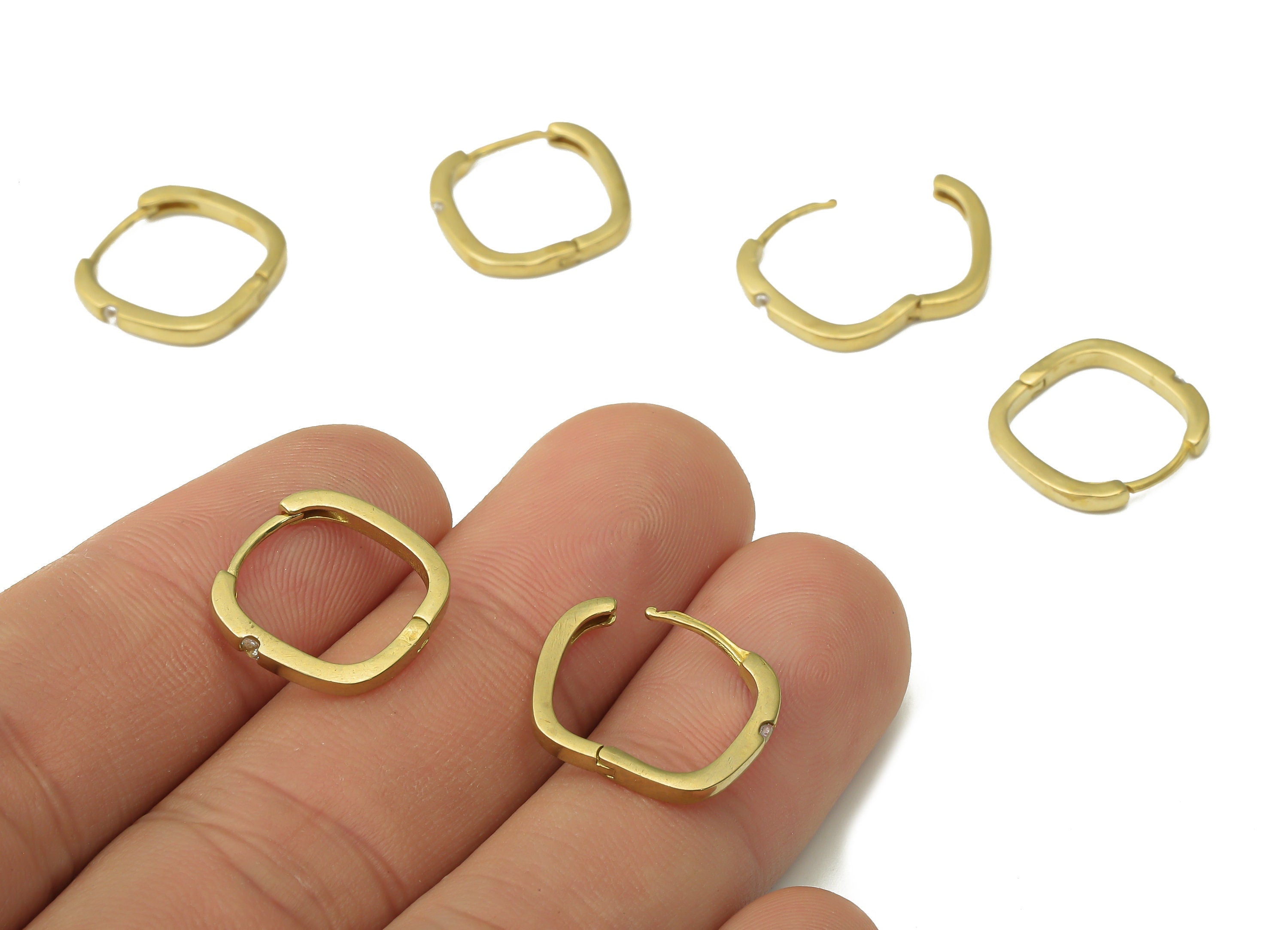 Brass Huggie Hoop Earrings - Brass Geometric Hoop Earring - Brass Square Earring with Zircons - Jewelry Supplies -14.84x14.33x1.38mm- PP7581 - DOMEDBAZAAR