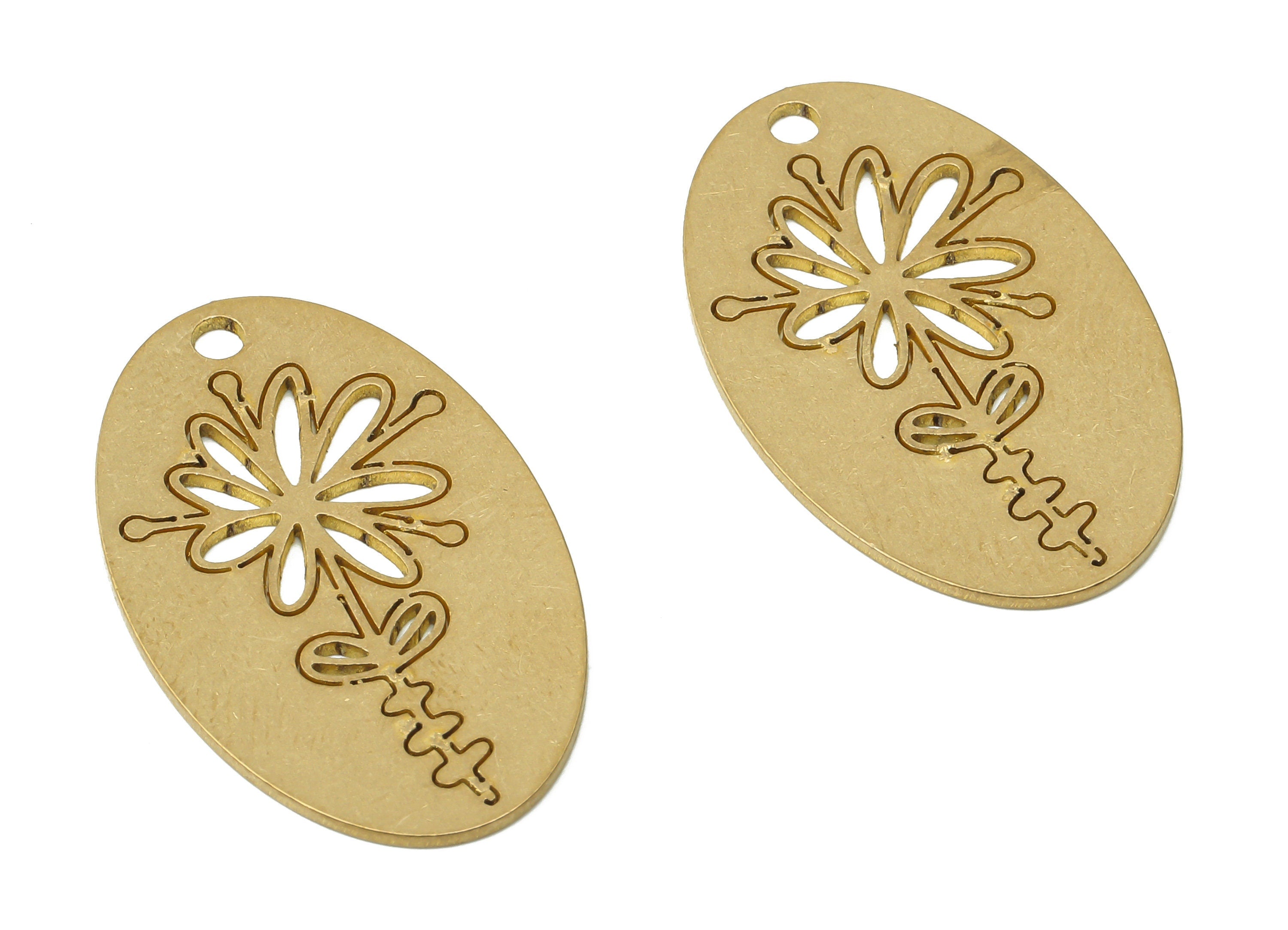 Raw Brass Oval Flower Pendant - Brass Oval Flower Earring Charms - Laser Cut Charms - Jewelry Making Supplies - 29.75x18.33x0.78mm - PPA3903 - DOMEDBAZAAR