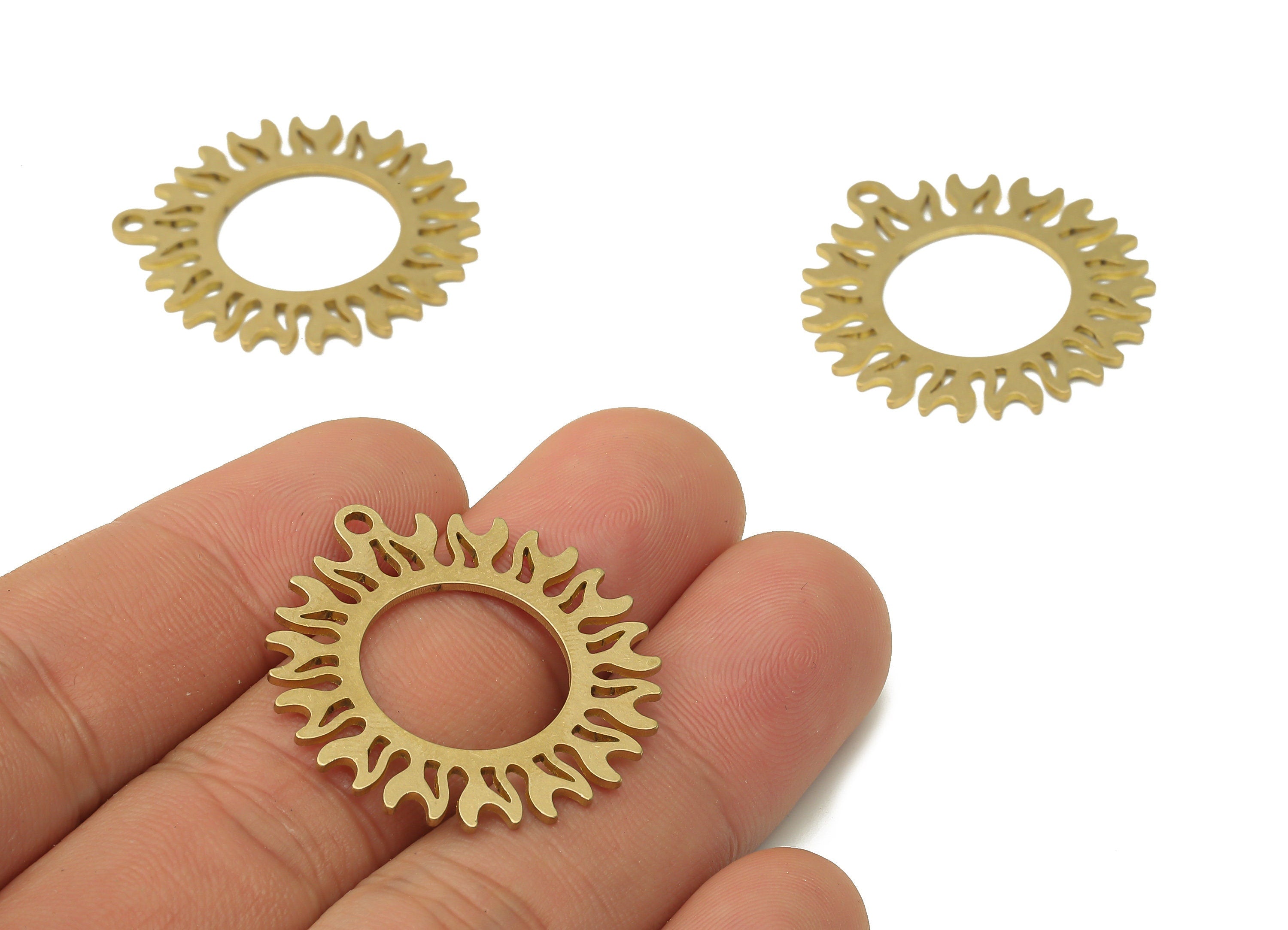 Sterling Brass Sun Earrings Charms - Raw Brass Sun Pendant Charms - Round Sun with Flares - Laser Cut Jewelry - 31.78x29.5x0.84mm - PPA3937 - DOMEDBAZAAR