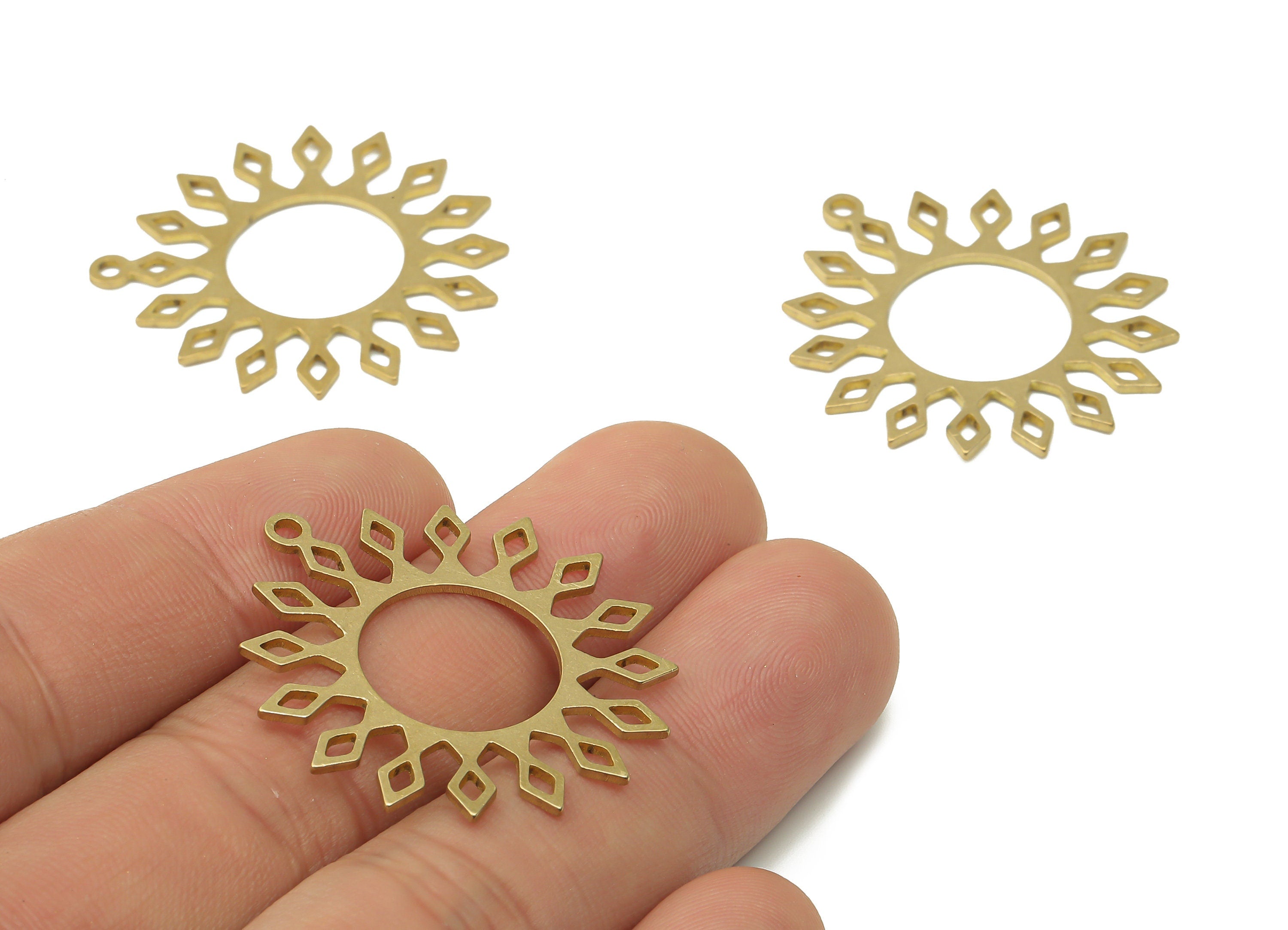 Raw Brass Sun Pendant Charms - Raw Brass Round Sun with Flares - Geometric Earrings - Brass Flower Dangle Charms - 34.7x31.45x0.9mm- PPA3940 - DOMEDBAZAAR