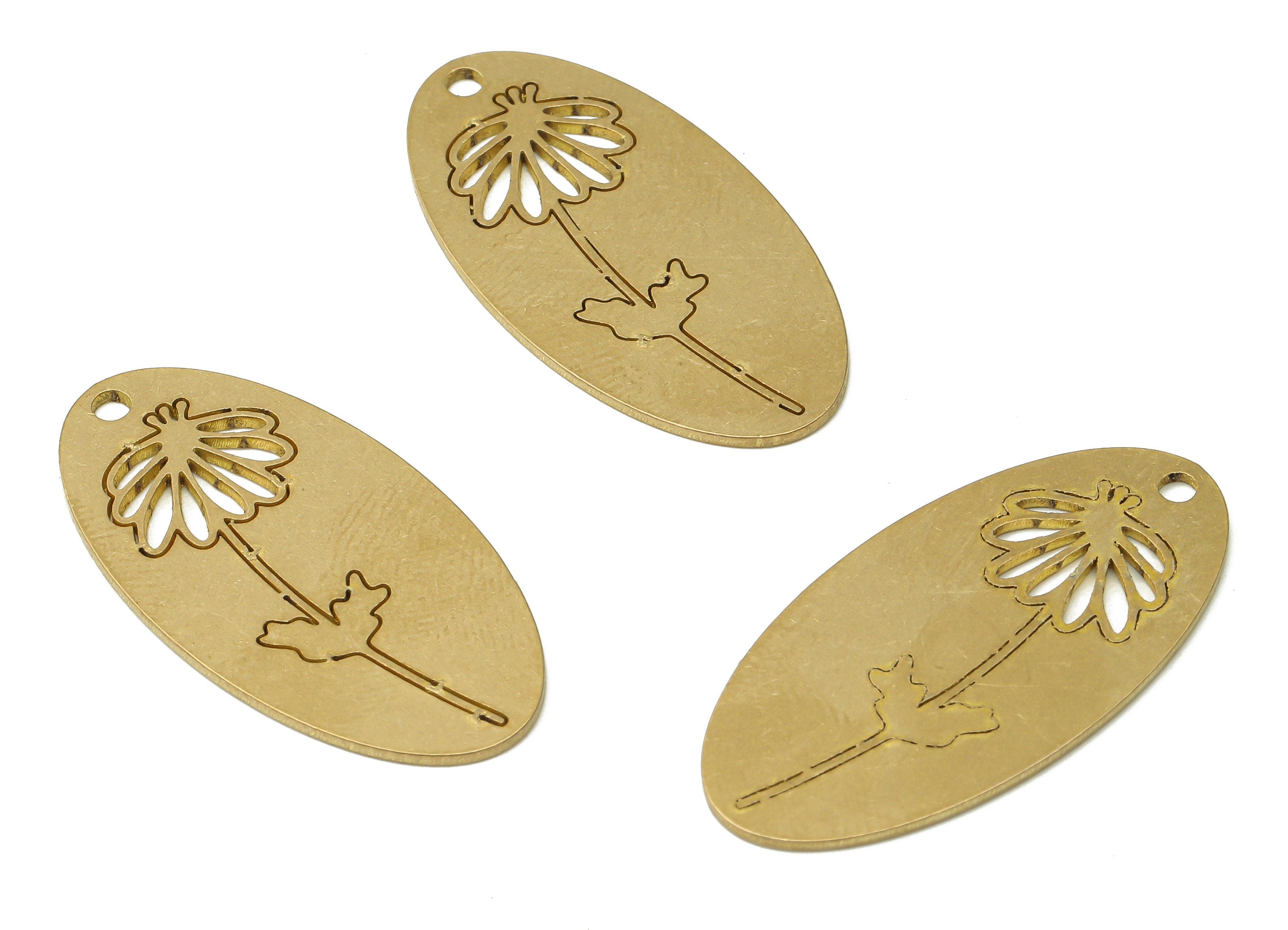 Brass Long Oval Daisy Flower Earrings Charm - Oval Raw Brass Flower Pendants Charms - Jewelry Making Supplies - 34.87x17.53x0.94mm - PPA3967 - DOMEDBAZAAR