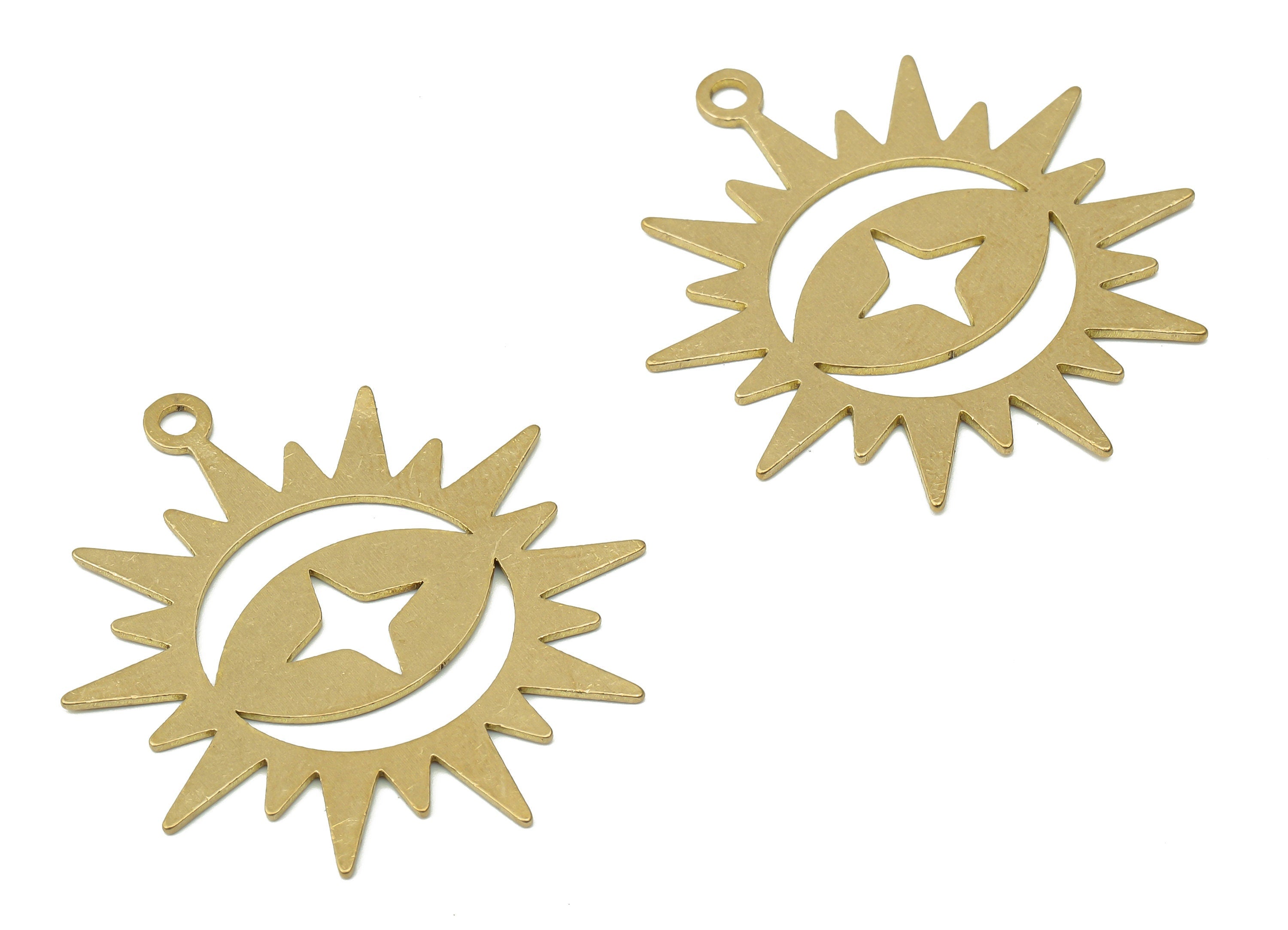 Brass Crescent Star Sun Earring Charm - Raw Brass Sunray Pendent Charms - Celestial Charm - Laser Cut Jewelry - 35.64x31.21x0.76mm - PPA3998 - DOMEDBAZAAR