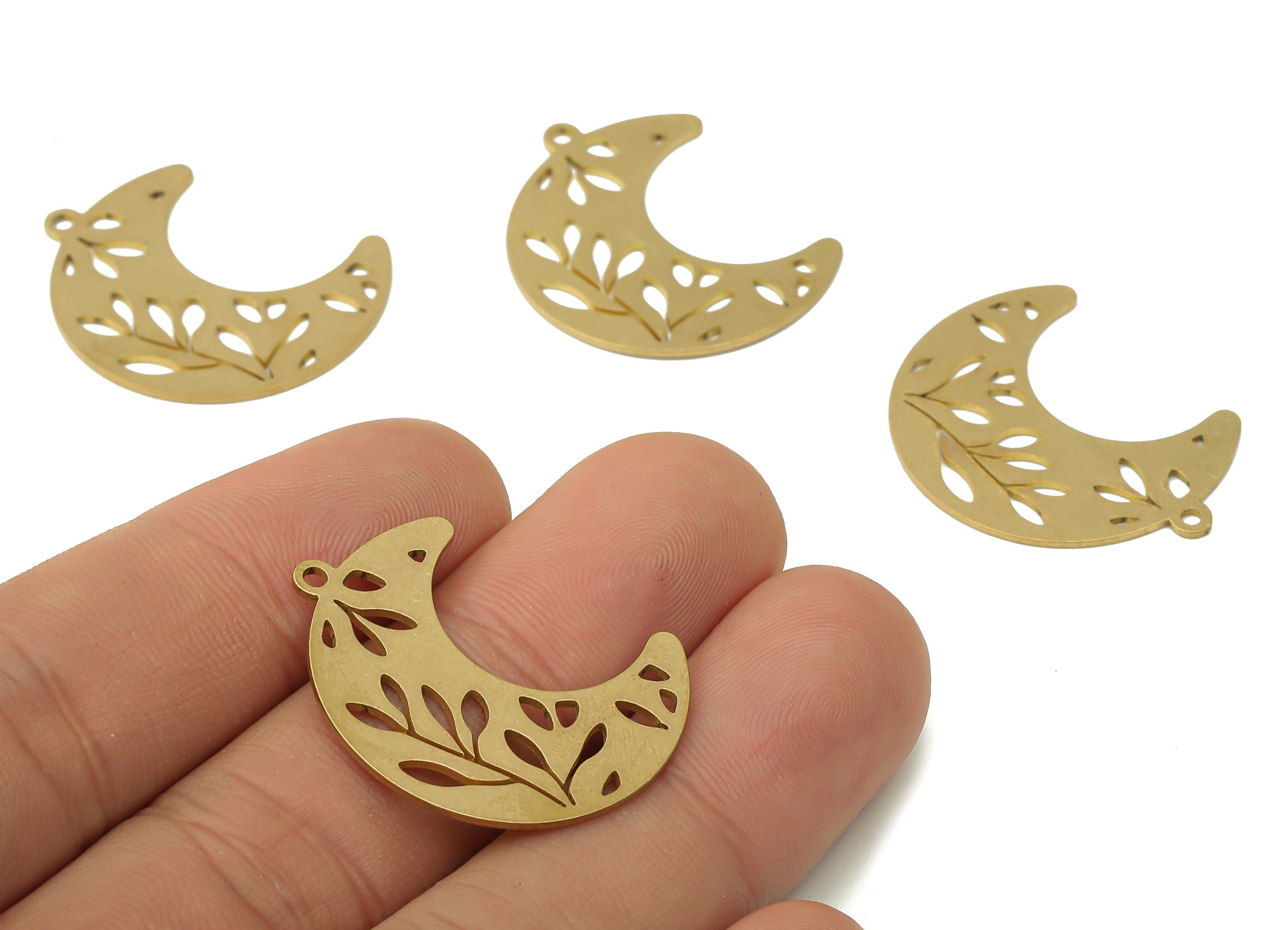 Raw Brass Earring Charm - Moon Flower Pendant Charm - Brass Crescent Charms - Laser Cut Jewelry - 29.65x23.28x0.78mm- PPA4006 - DOMEDBAZAAR