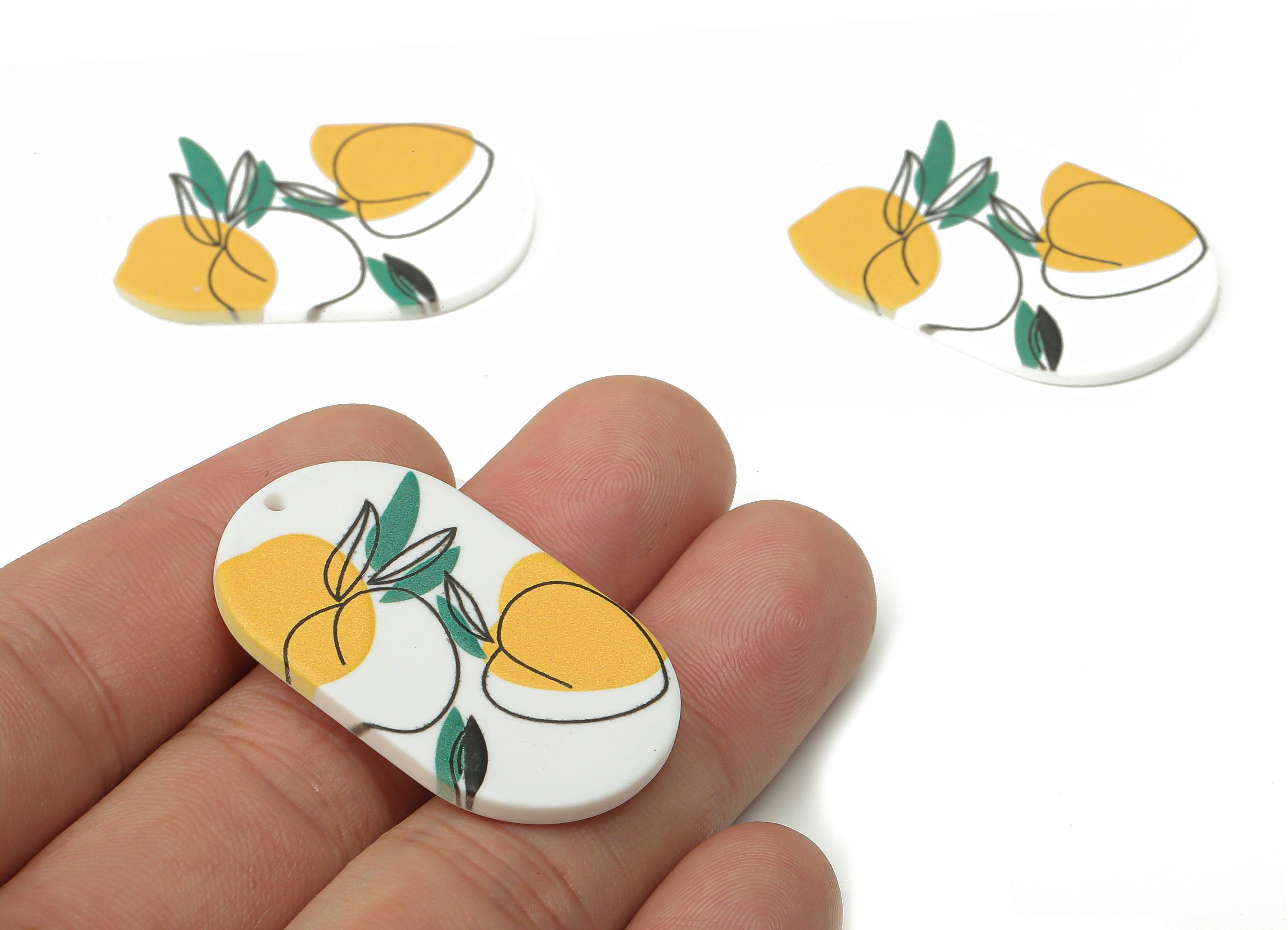 Acrylic Abstract  Fruit Design Charm - Oval Yellow Lemon  Charm - Earring Findings - Jewelry Supplies - 39.6×23.76×2.3mm - AC2493 - DOMEDBAZAAR