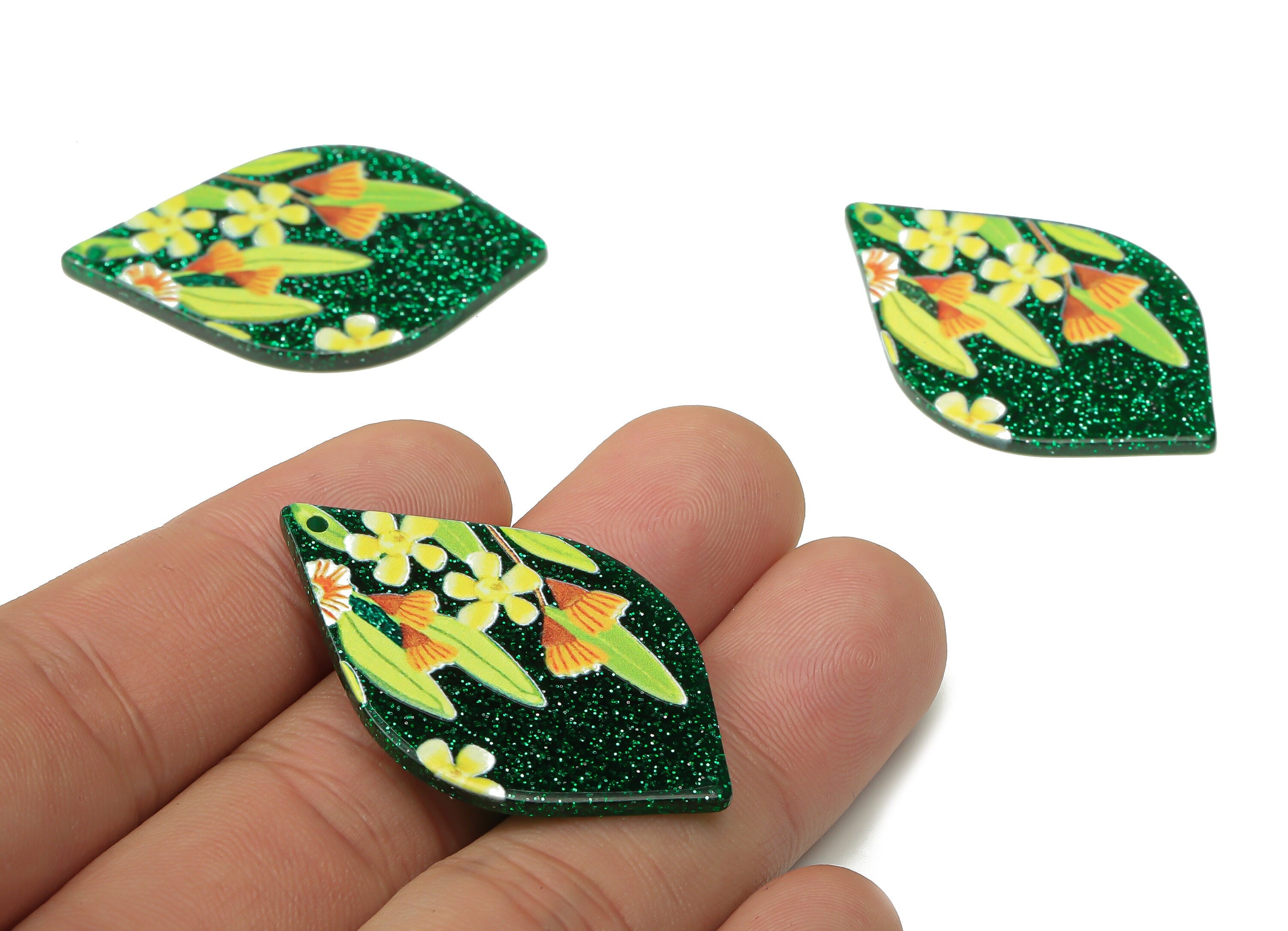 Acrylic Drop Earring Charms - Floral Teardrop Shape Pendant Charm - Leaf Printed Green Acrylic Charm - 42.2×27.22×1.8mm - AC2505 - DOMEDBAZAAR