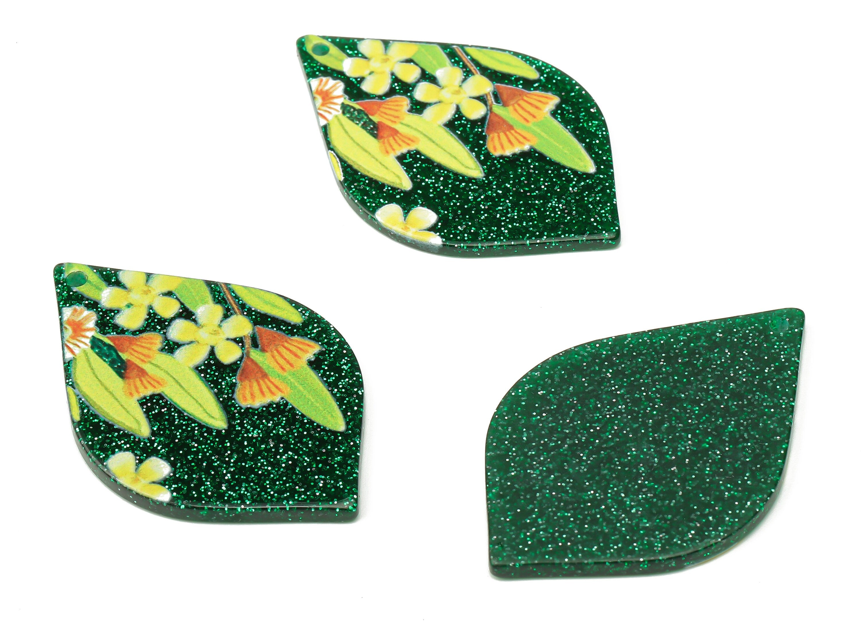 Acrylic Drop Earring Charms - Floral Teardrop Shape Pendant Charm - Leaf Printed Green Acrylic Charm - 42.2×27.22×1.8mm - AC2505 - DOMEDBAZAAR