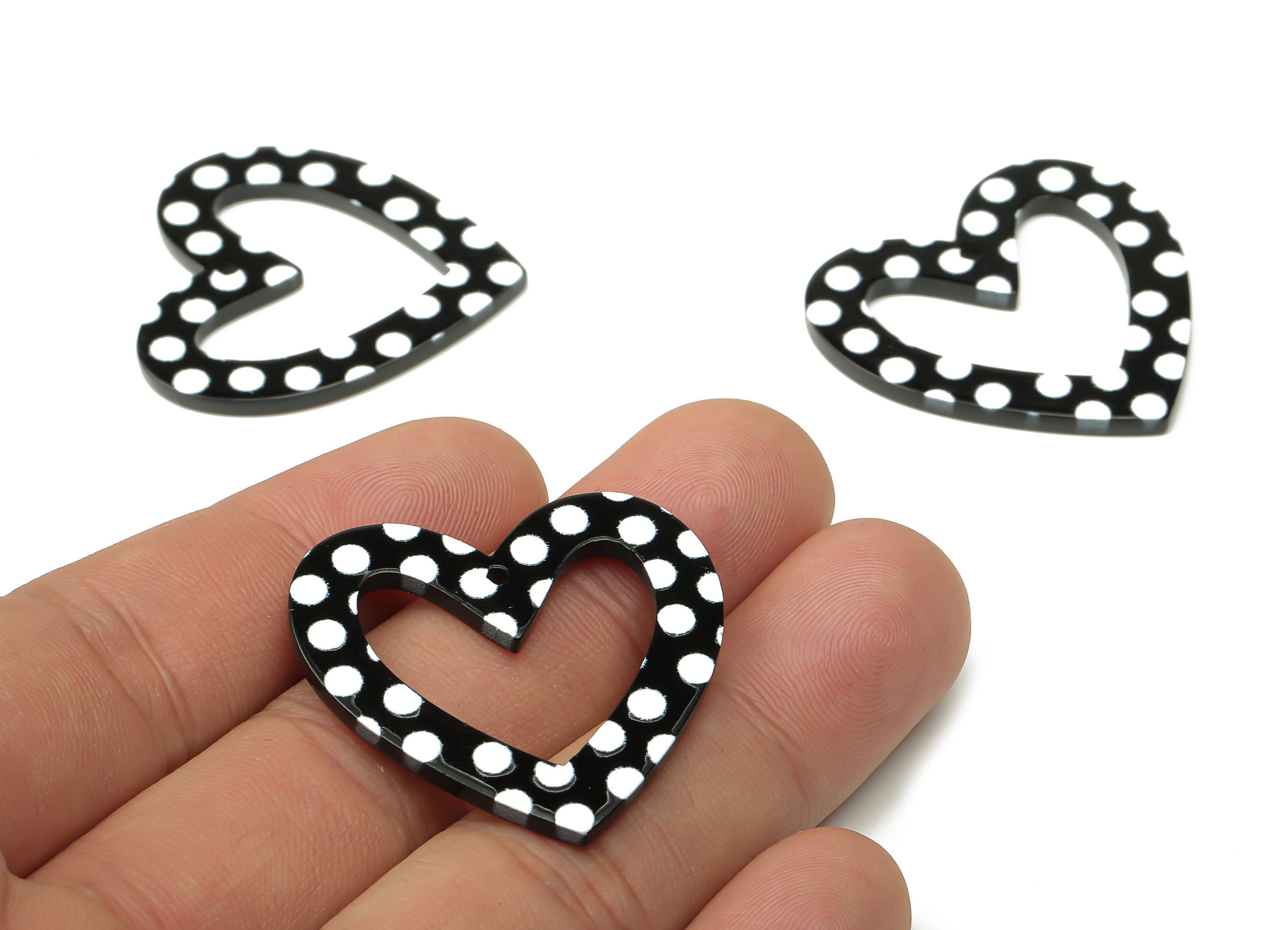 Acrylic Heart Earrings Charm - Polka Dot Heart Pendant Charm - Earring Findings - Black White Heart Acrylic Charms - 34.06×34×2.3mm - AC2506 - DOMEDBAZAAR