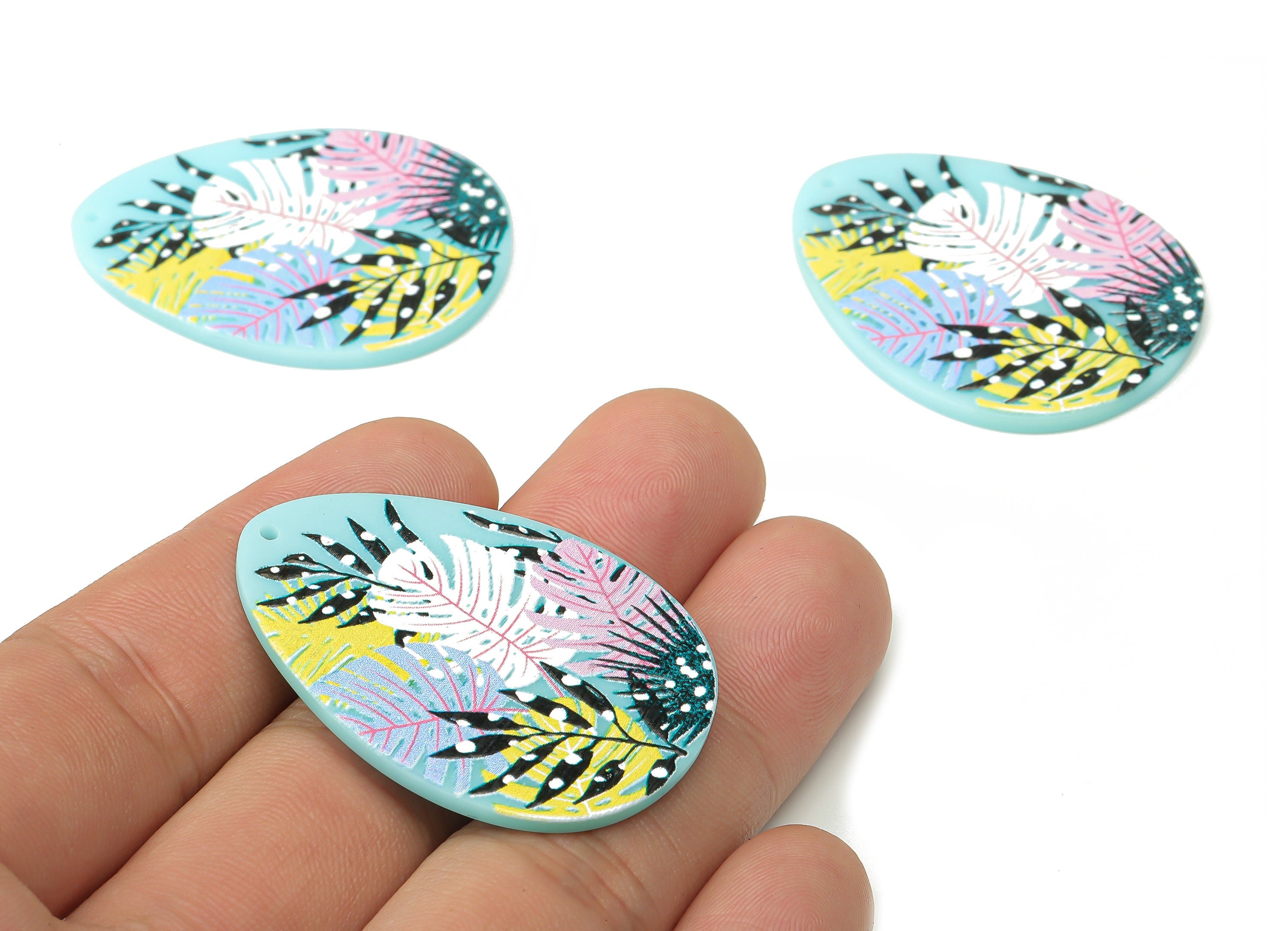 Acrylic Drop Monstera Earring Charms - Leaf Flower Print Pendants Charm - Floral Colorful Teardrop Charm - 42.76×31.47×2.03mm - AC2514C - DOMEDBAZAAR