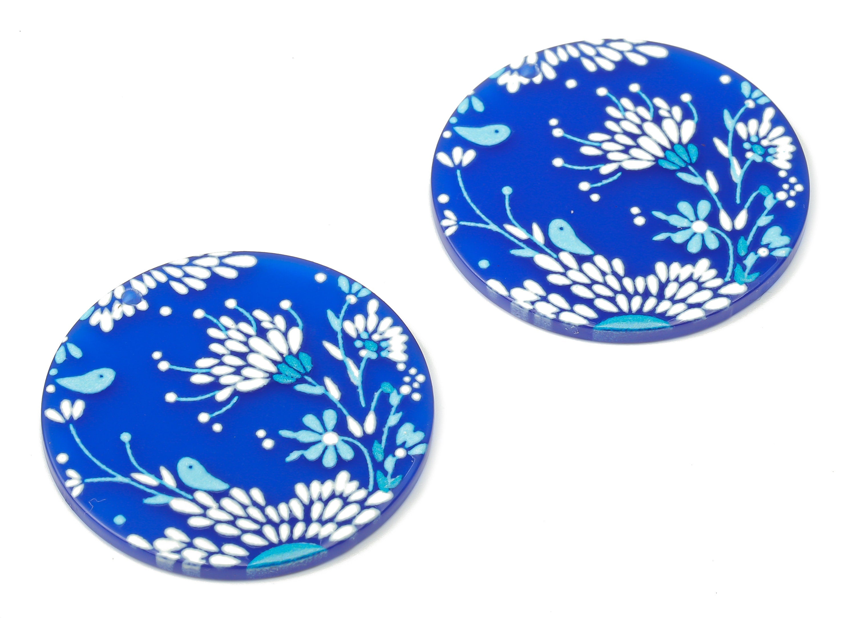Acrylic Round Flower Earrings Charm - Blue Flower Circle Pendents  - Jewelry DIY Making Supplies - 36.86x36.86x2.3mm- AC2519A - DOMEDBAZAAR