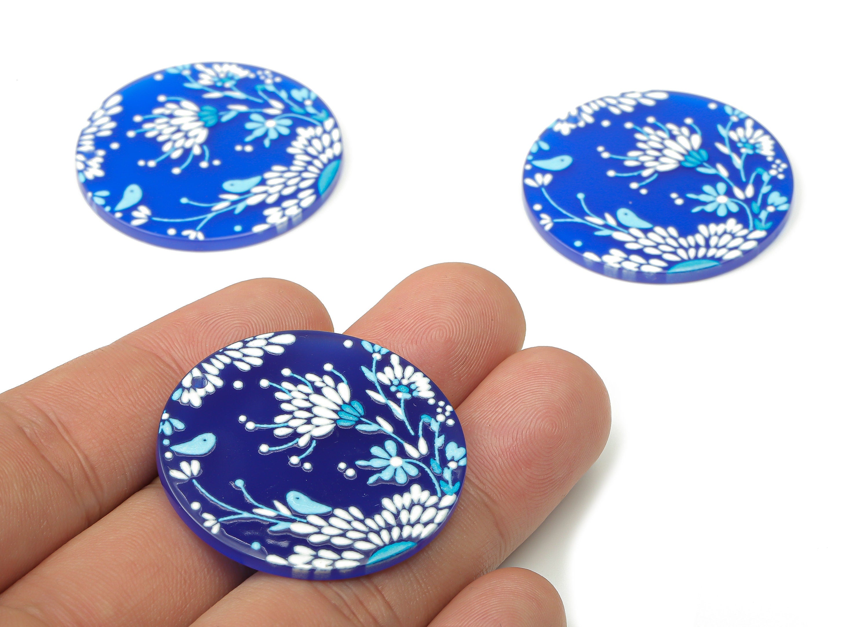 Acrylic Round Flower Earrings Charm - Blue Flower Circle Pendents  - Jewelry DIY Making Supplies - 36.86x36.86x2.3mm- AC2519A - DOMEDBAZAAR