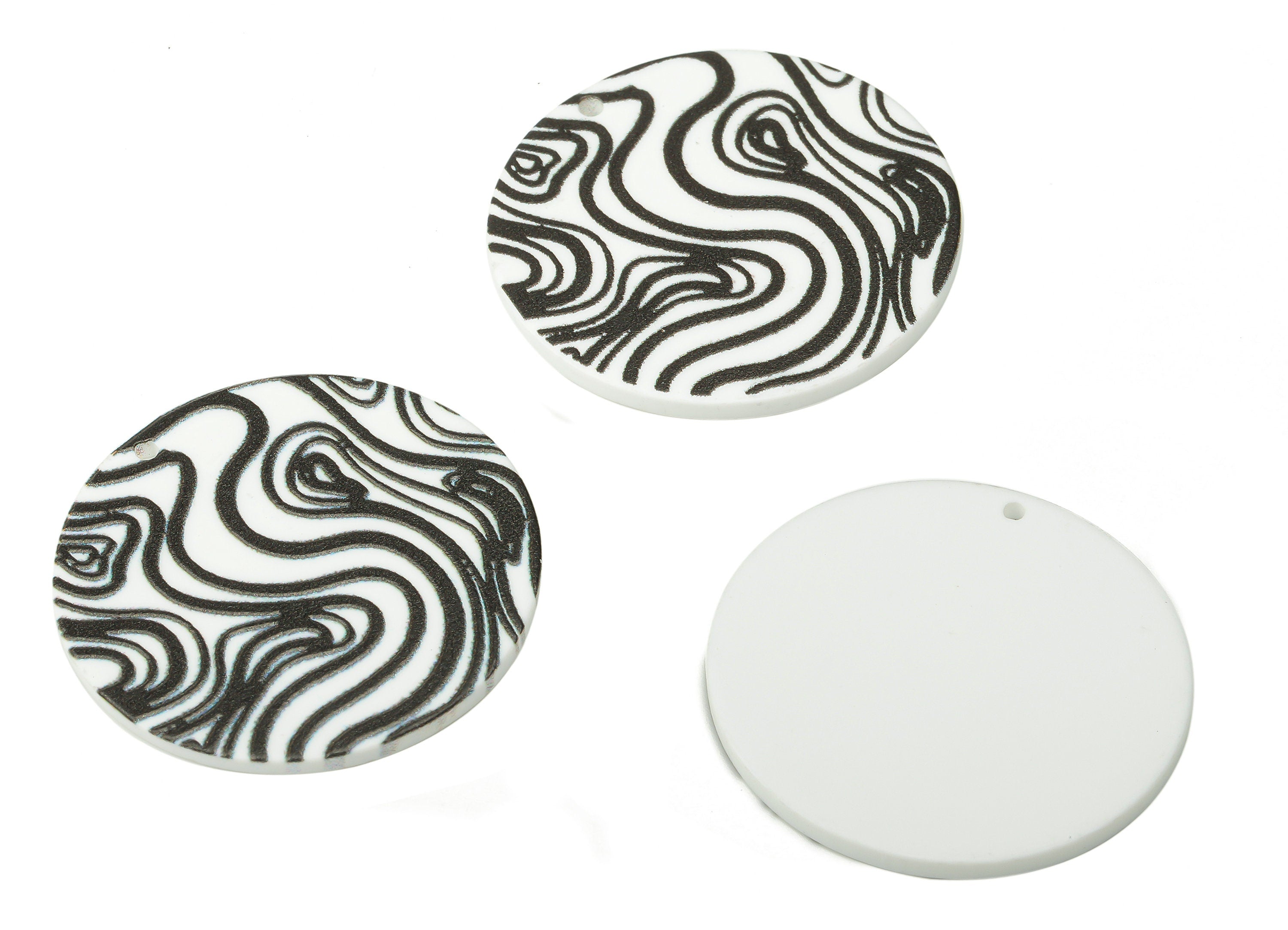 Acrylic Round Waves Earrings Charm - Black Acrylic Waves Circle Pendant - Printing Textured - Jewelry Supplies - 36.86x36.86x2.3mm - AC2519B - DOMEDBAZAAR