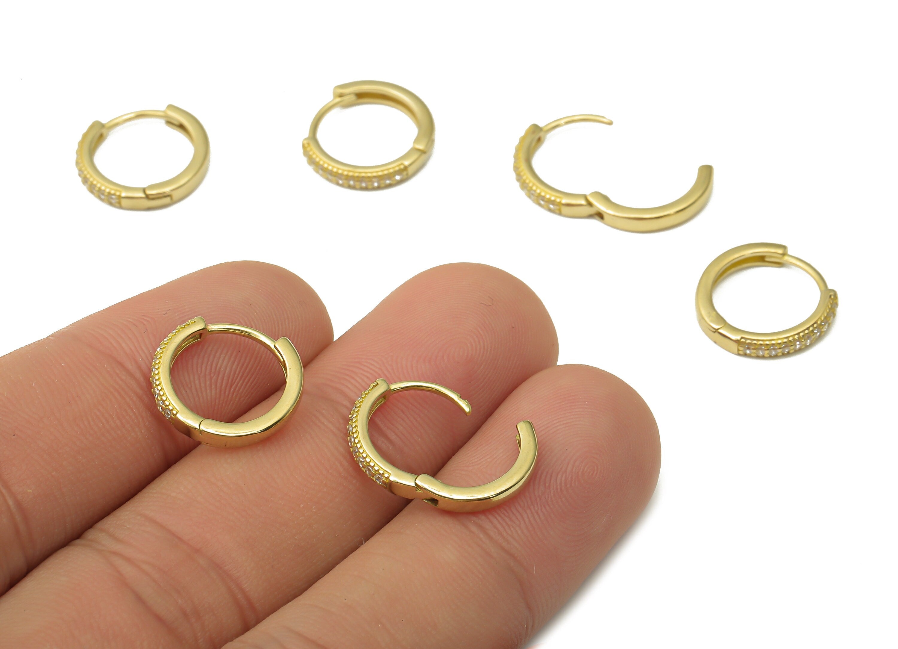 Brass Round Huggie Hoop Earrings - Raw Brass Hoops with Zircons - Earrings Findings - Jewelry Making Supplies -13.98x13.98x2.22mm- PP7477 - DOMEDBAZAAR