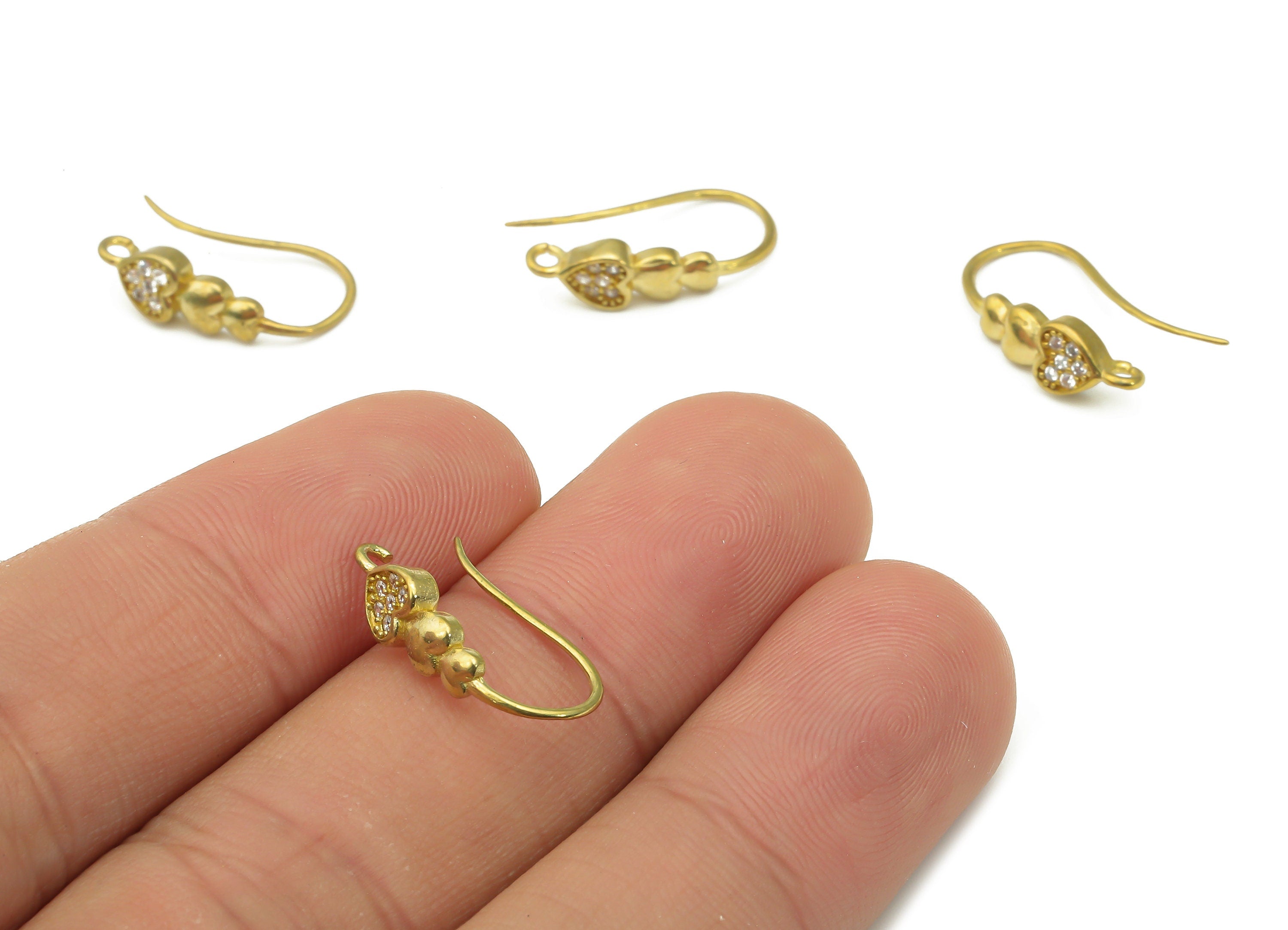 Raw Brass Ear Wires with Heart Adornment - Zircon Paved Ear Wire - Jewelry Making Supplies - Brass Earring Findings -18.54x9.2x1.7mm- PP7518 - DOMEDBAZAAR