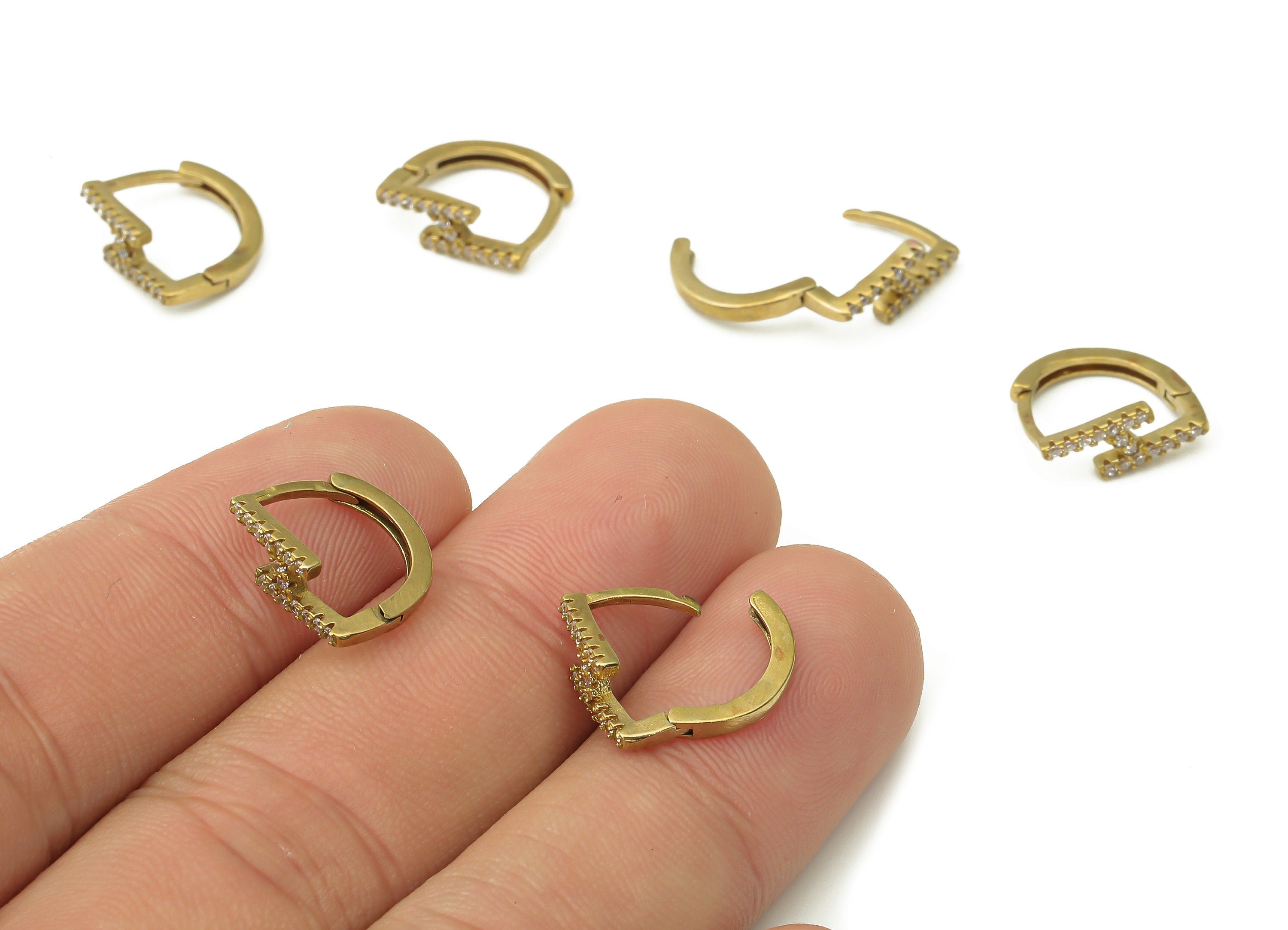 Raw Brass D Shaped Hoop Earrings - Brass Huggie Hoop Earring with Zircons - Dainty Hoop Earrings - Brass Findings -13.95x11.7x1.82mm- PP7531 - DOMEDBAZAAR