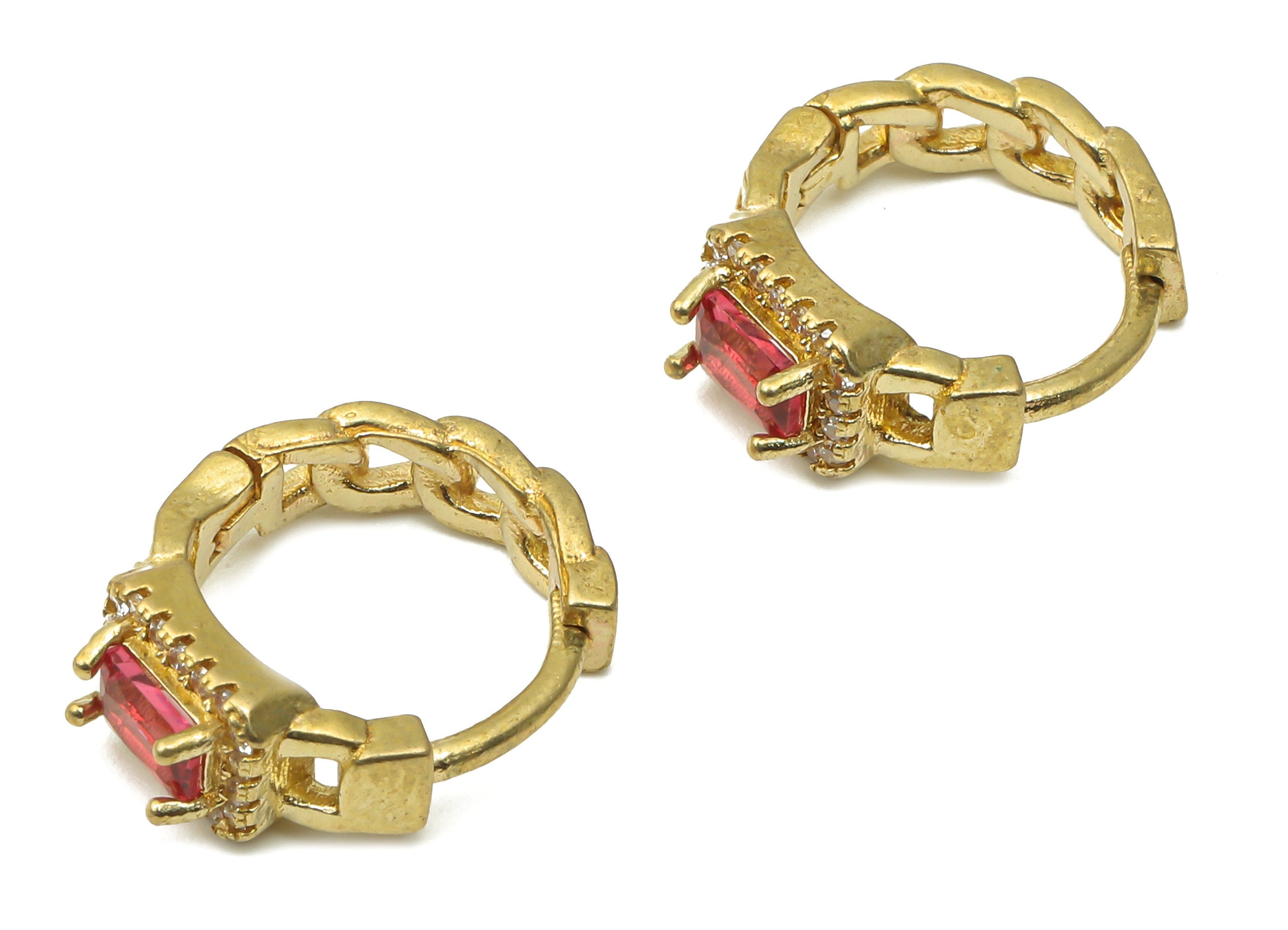 Brass Round Huggie Hoop Earrings - Raw Brass Hoops with Zircons - Red Zircon Earrings - Jewelry Making Supplies - 16.21x13.7x3.3mm - PP7533 - DOMEDBAZAAR
