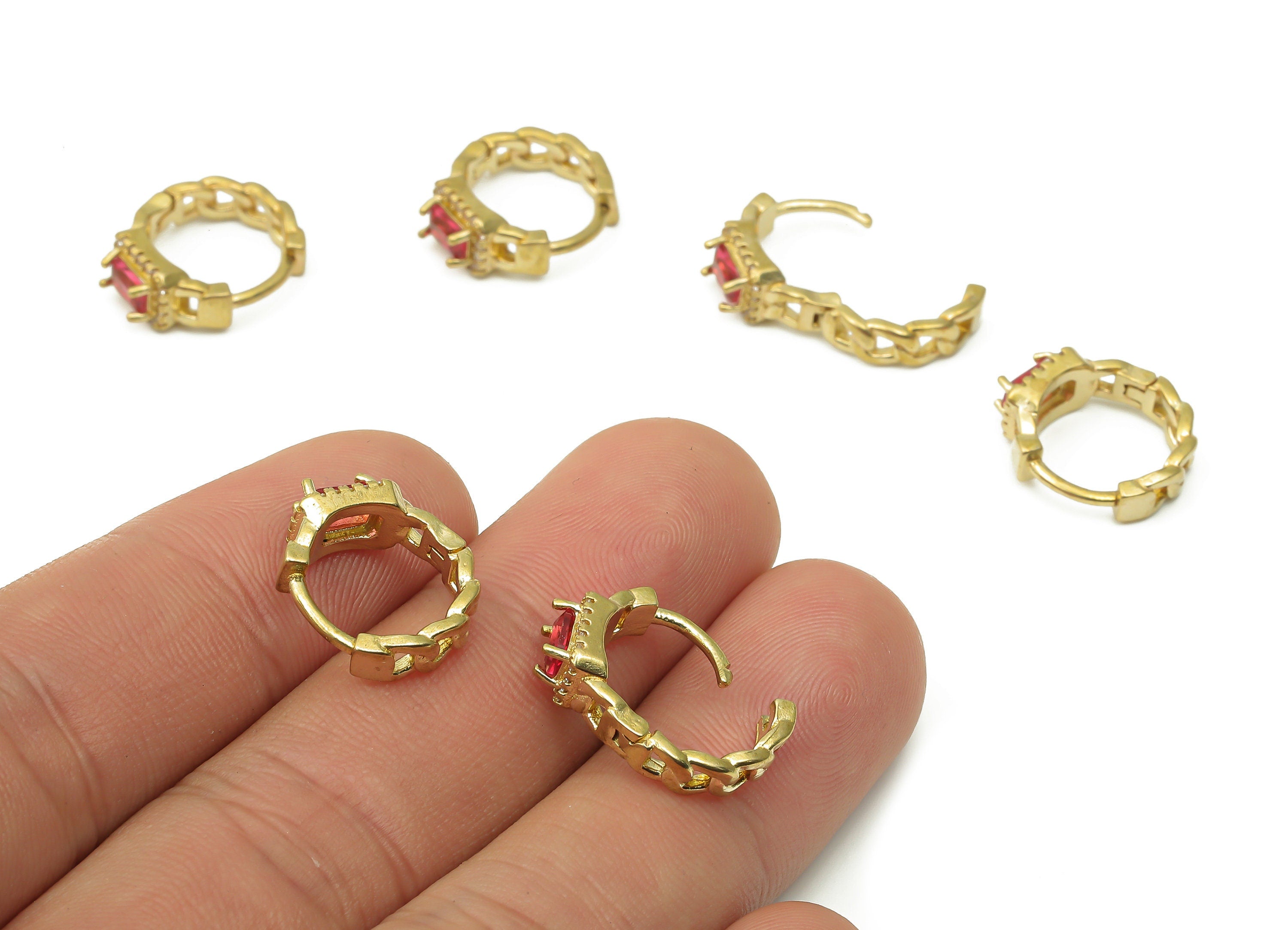 Brass Round Huggie Hoop Earrings - Raw Brass Hoops with Zircons - Red Zircon Earrings - Jewelry Making Supplies - 16.21x13.7x3.3mm - PP7533 - DOMEDBAZAAR