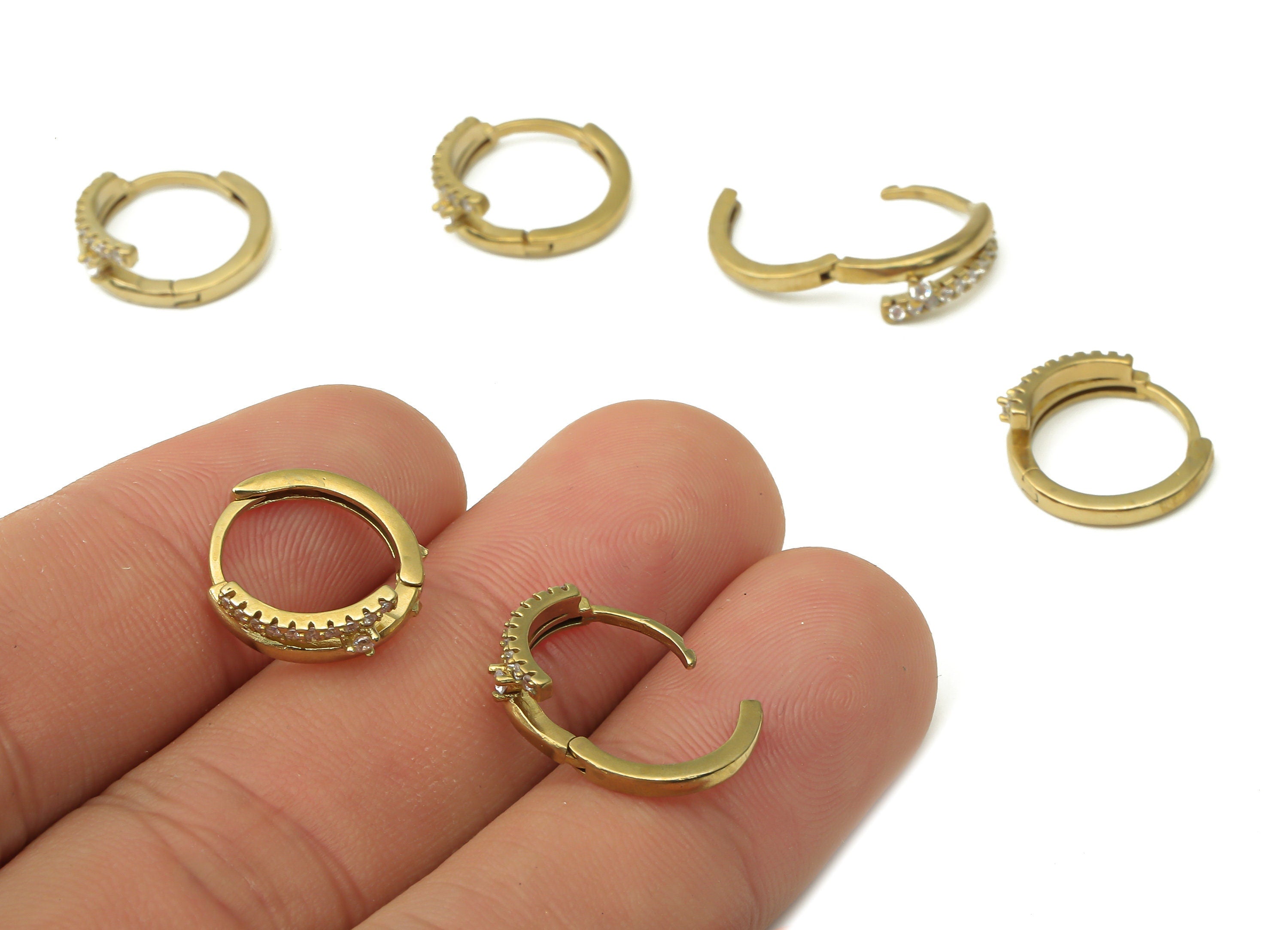 Brass Round Huggie Hoop Earrings - Raw Brass Hoops with Zircons - Earring Findings - Jewelry Making Supplies - 14.96x13.82x1.62mm - PP7535 - DOMEDBAZAAR
