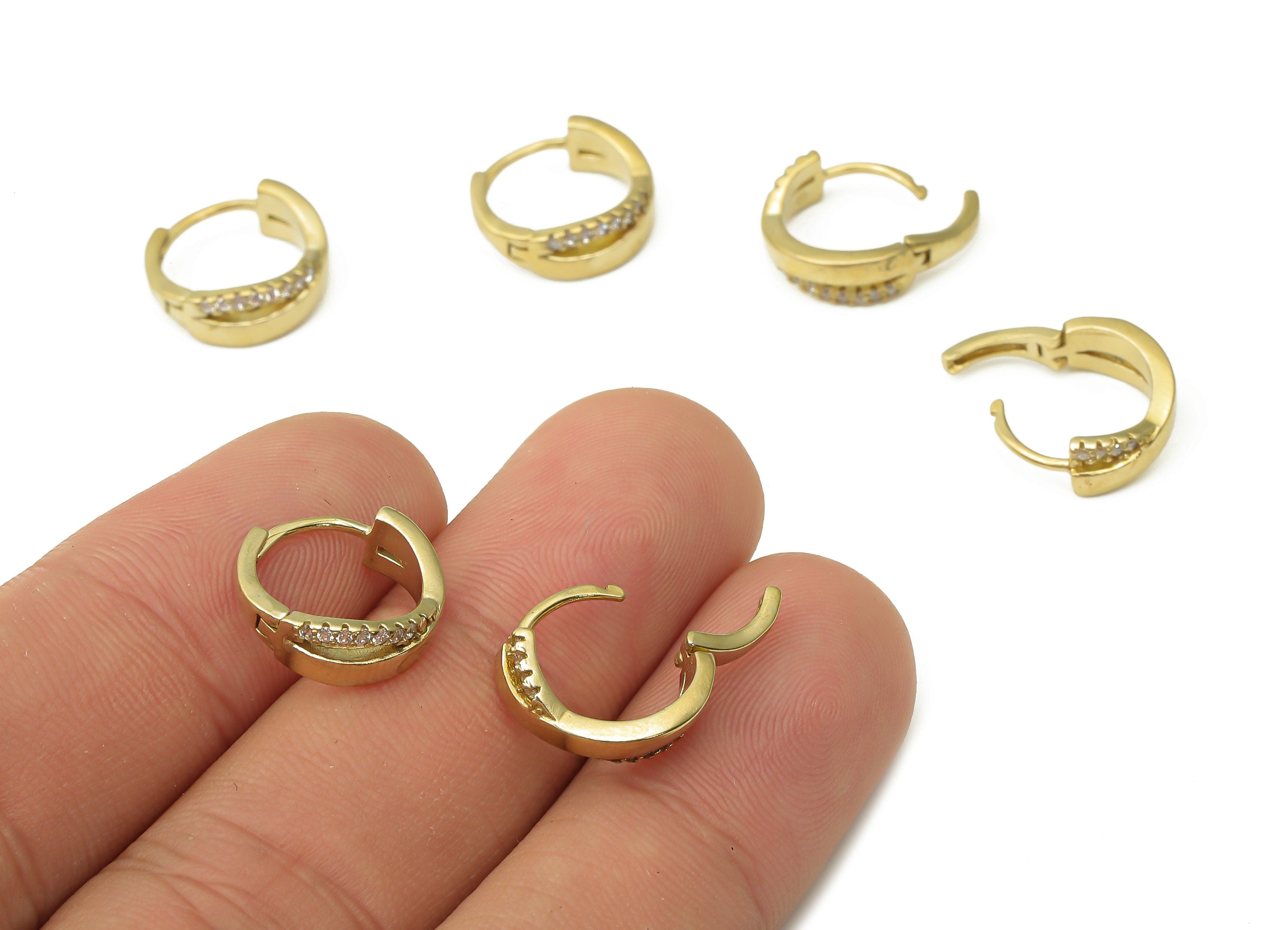 Brass Round Hoop Earrings - Raw Brass Hoops Huggie with Zircon -Dainty Hoop Earrings - Jewelry Making Supplies -13.62x12.48x1.74mm- PP7546 - DOMEDBAZAAR