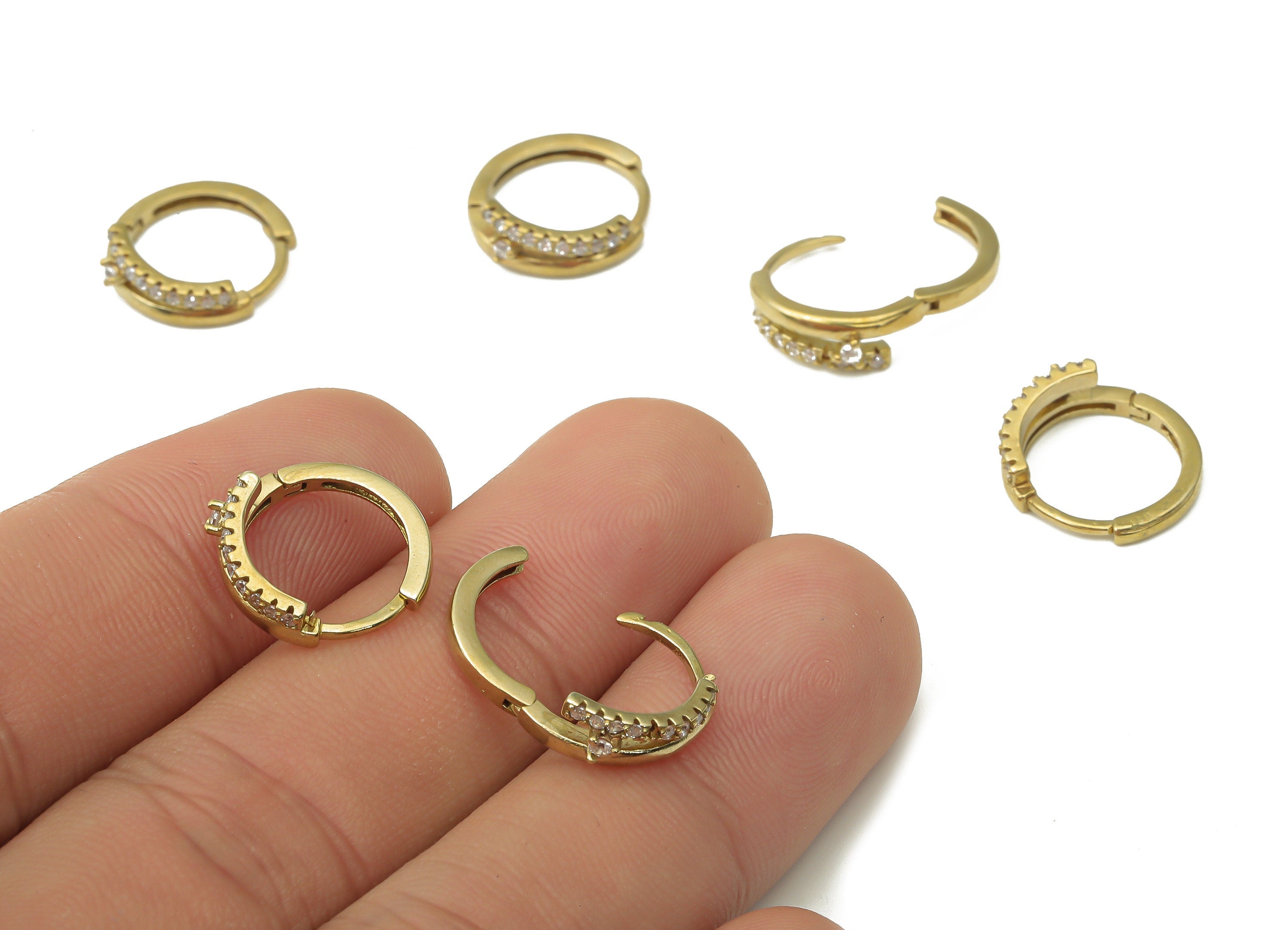 Brass Round Hoop Earrings - Raw Brass Hoops Huggie with Zircon -Dainty Hoops Earrings - Jewelry Making Supplies -15.05x13.8x2.45mm- PP7549 - DOMEDBAZAAR