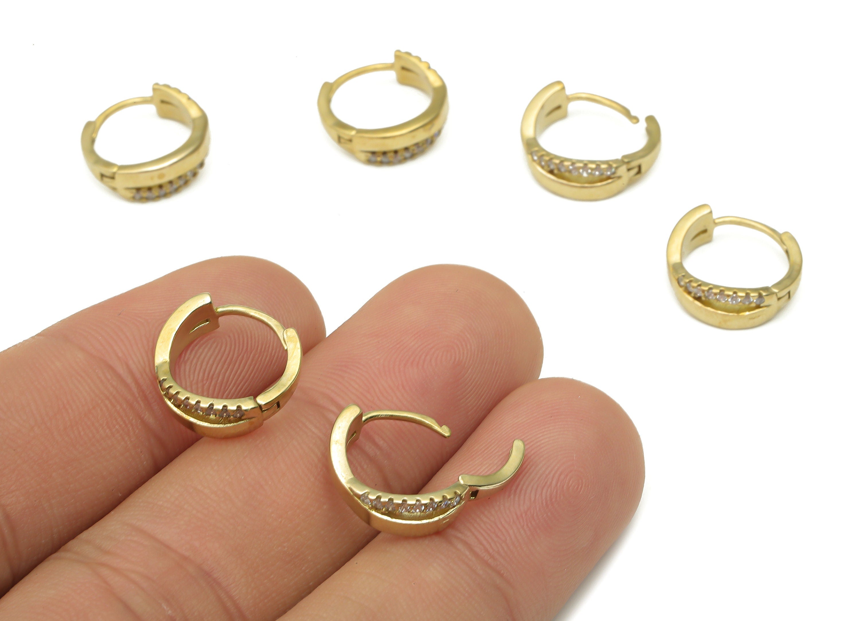 Brass Round Hoop Earrings - Raw Brass Hoops Huggie with Zircon -Dainty Hoop Earrings - Jewelry Making Supplies - 13.6x12.7x1.7mm - PP7553 - DOMEDBAZAAR